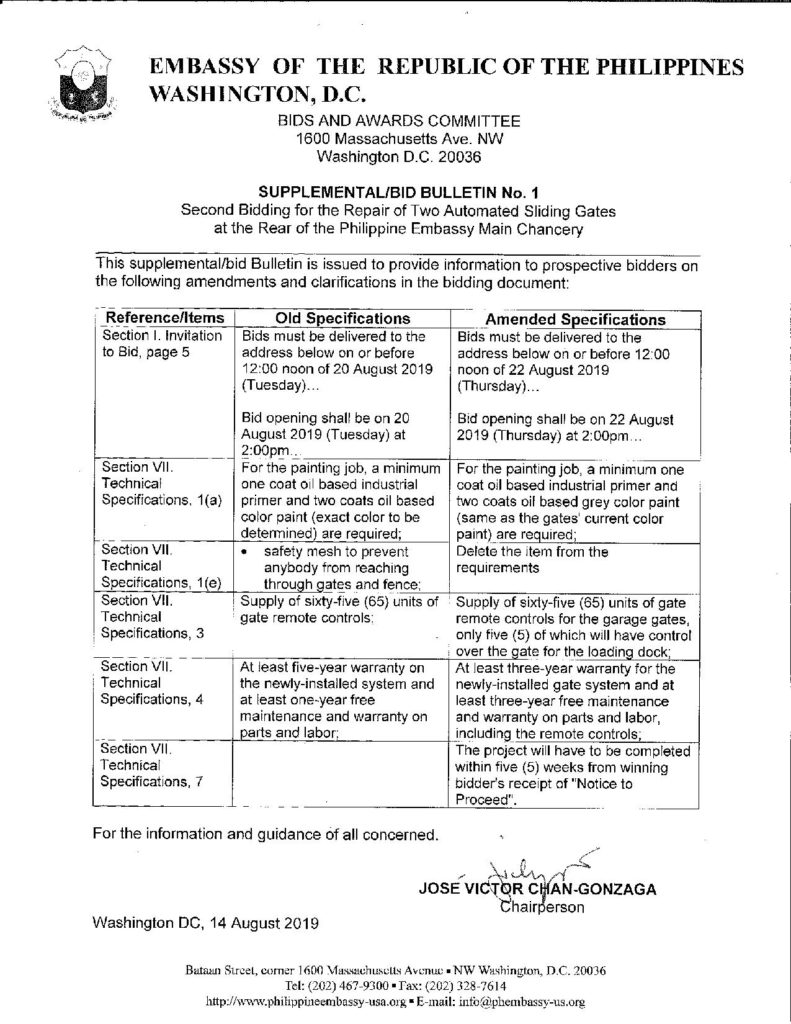 Supplemental Bid Bulletin No Second Bidding For The Repair Of Two