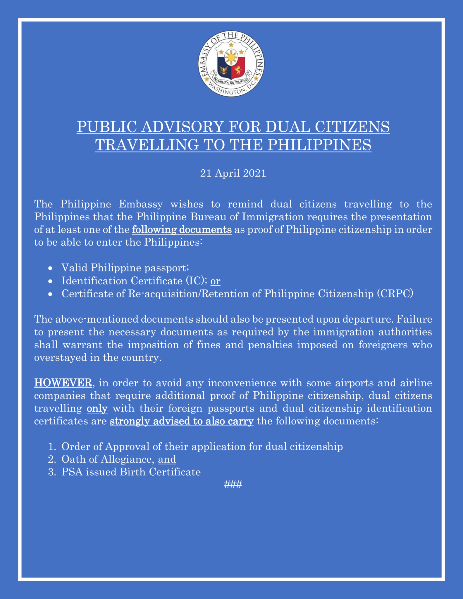 Public Advisory For Dual Citizens Travelling To The Philippines