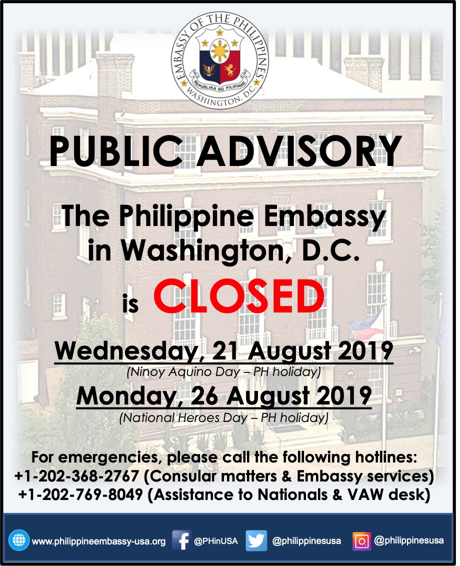 HOLIDAY NOTICE AUGUST 2019 Embassy of the Republic of the Philippines