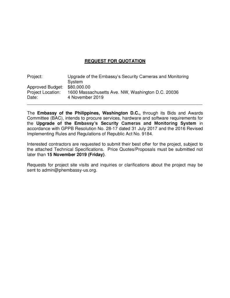REQUEST FOR QUOTATION Upgrade of the Embassy's Security Cameras and