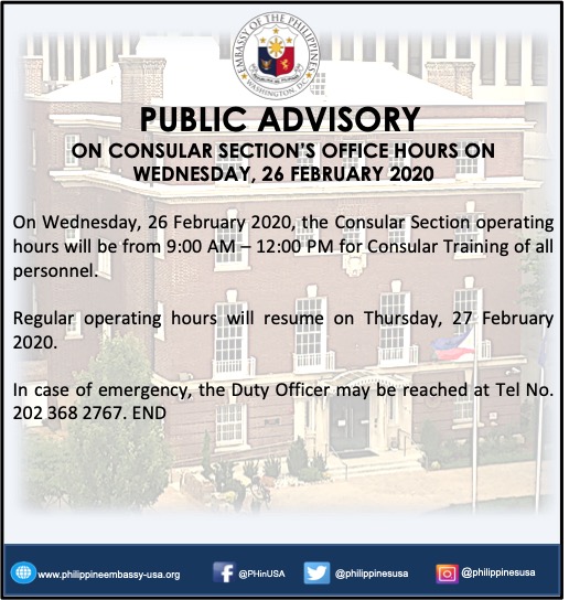 Read more about the article PUBLIC ADVISORY: CONSULAR SECTION’S OFFICE HOURS ON WEDNESDAY, 26 FEBRUARY 2020