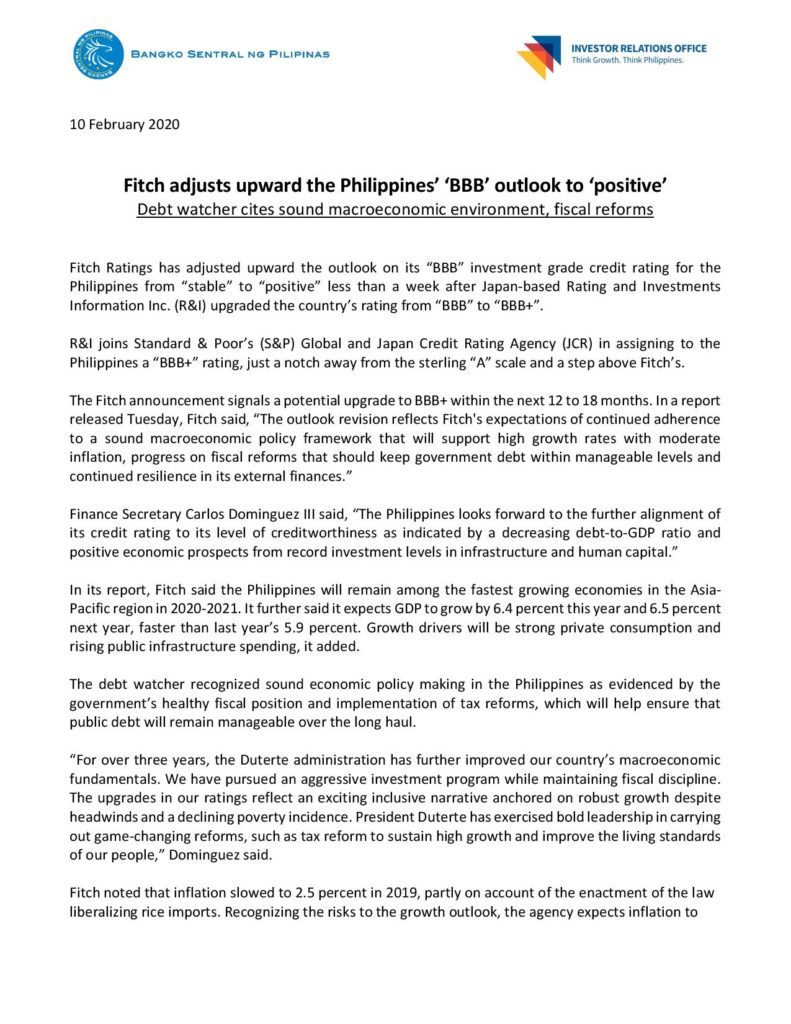 Fitch Adjusts Upward The Philippines' 'BBB' Outlook To 'positive ...