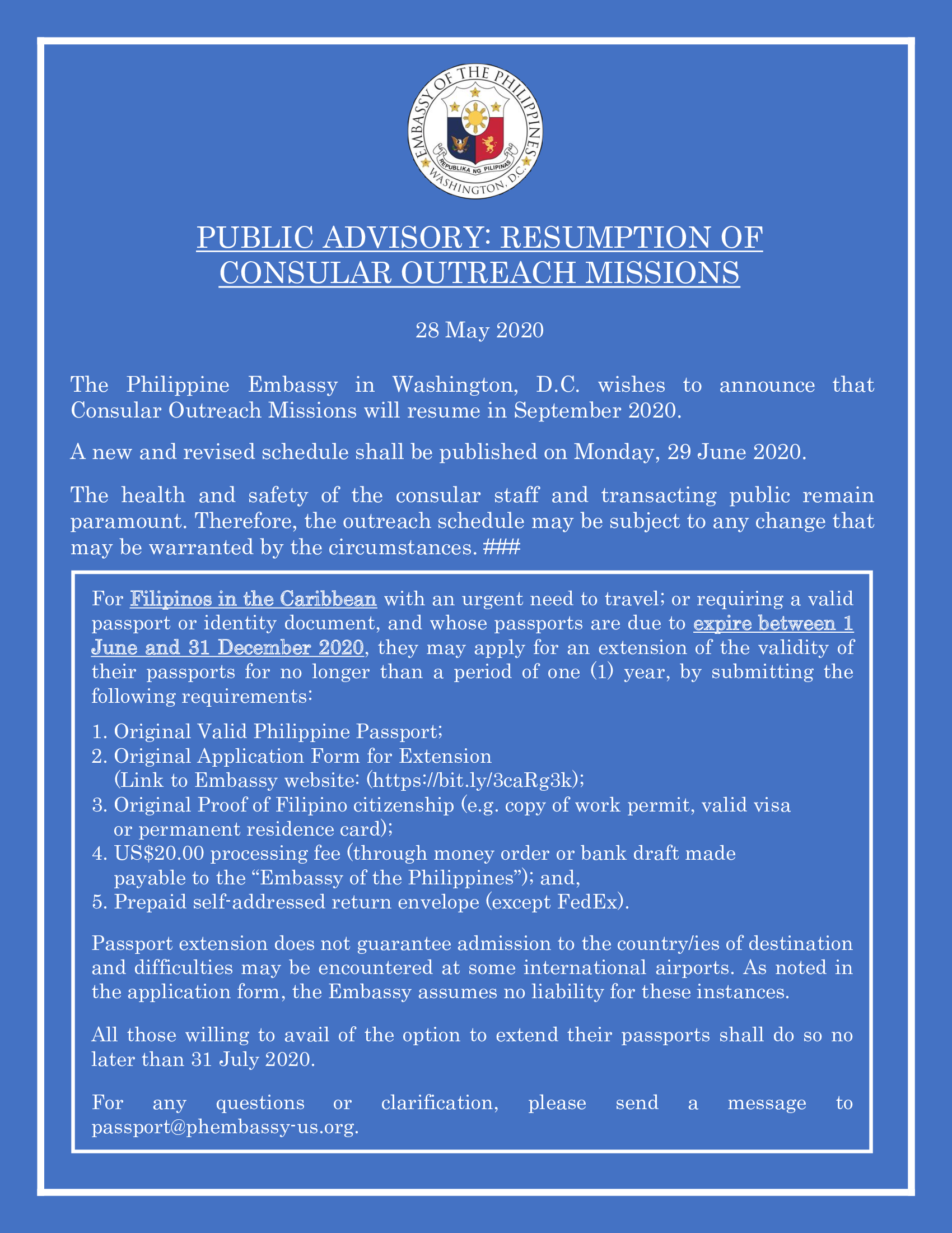 Read more about the article PUBLIC ADVISORY: RESUMPTION OF CONSULAR OUTREACH MISSIONS