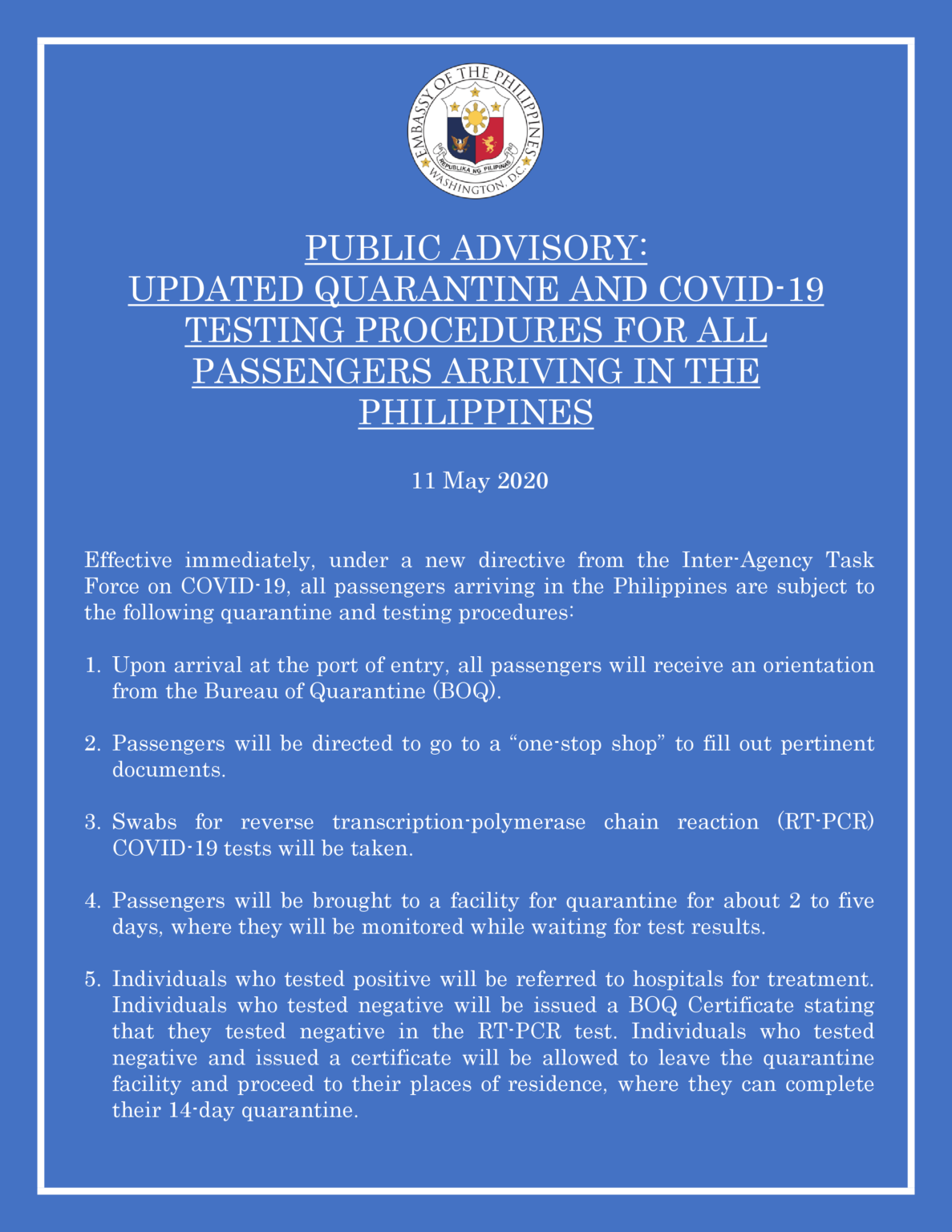 PUBLIC ADVISORY UPDATED QUARANTINE AND COVID19 TESTING PROCEDURES FOR