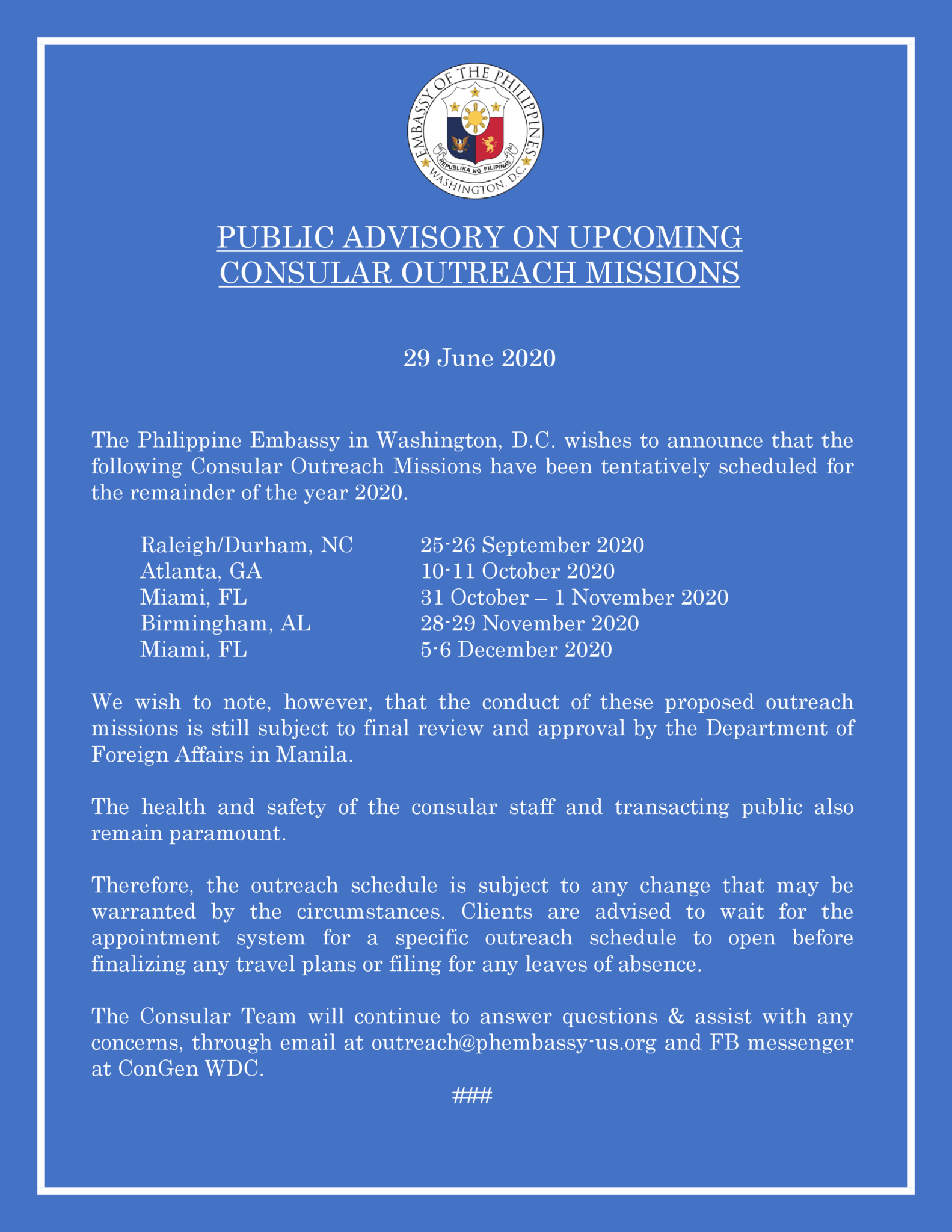 PUBLIC ADVISORY ON CONSULAR OUTREACH MISSIONS Embassy of the