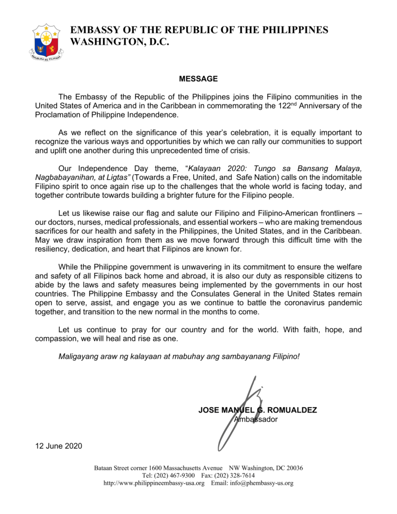 122ND PHILIPPINE INDEPENDENCE DAY MESSAGE FROM THE AMBASSADOR - Embassy ...