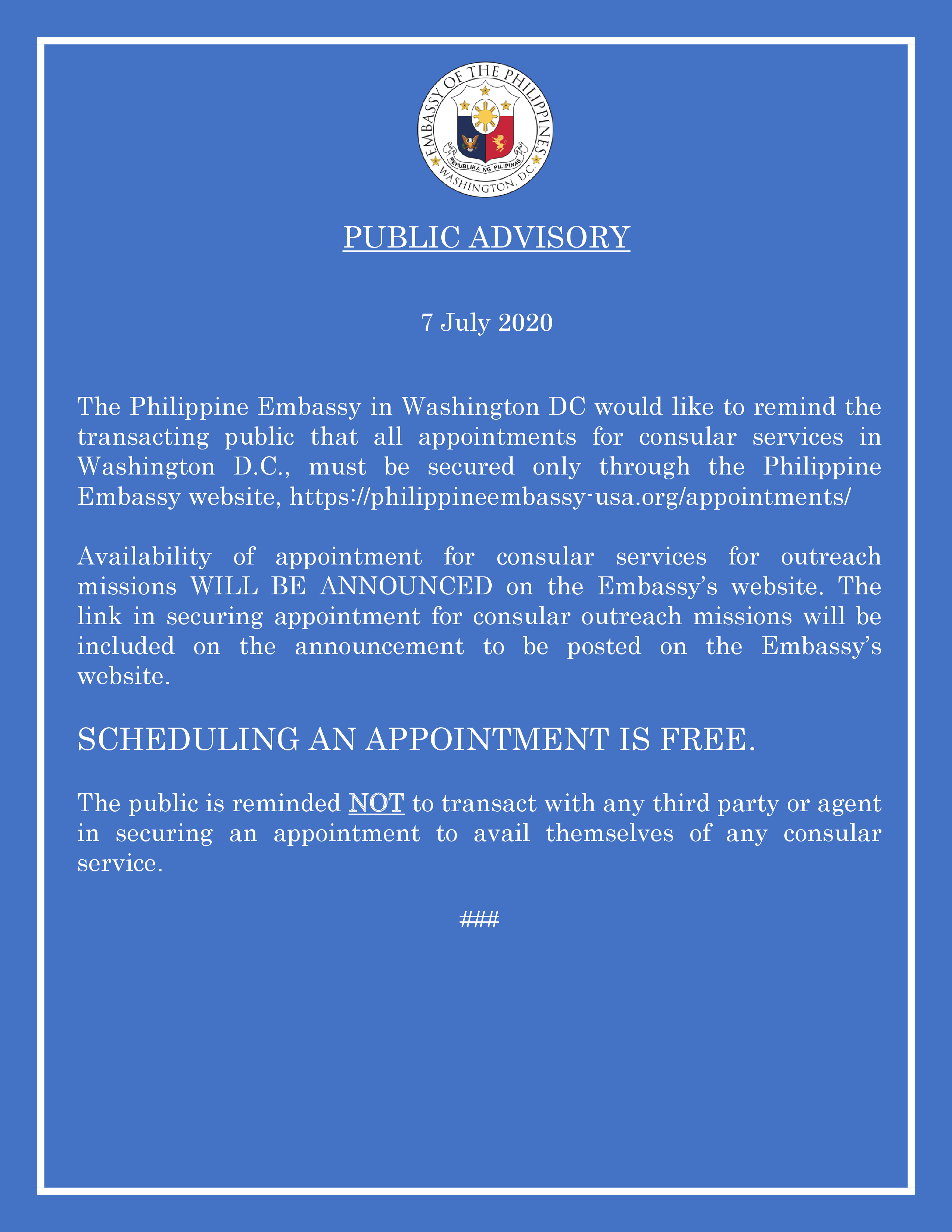 Read more about the article PUBLIC ADVISORY ON CONSULAR APPOINTMENTS
