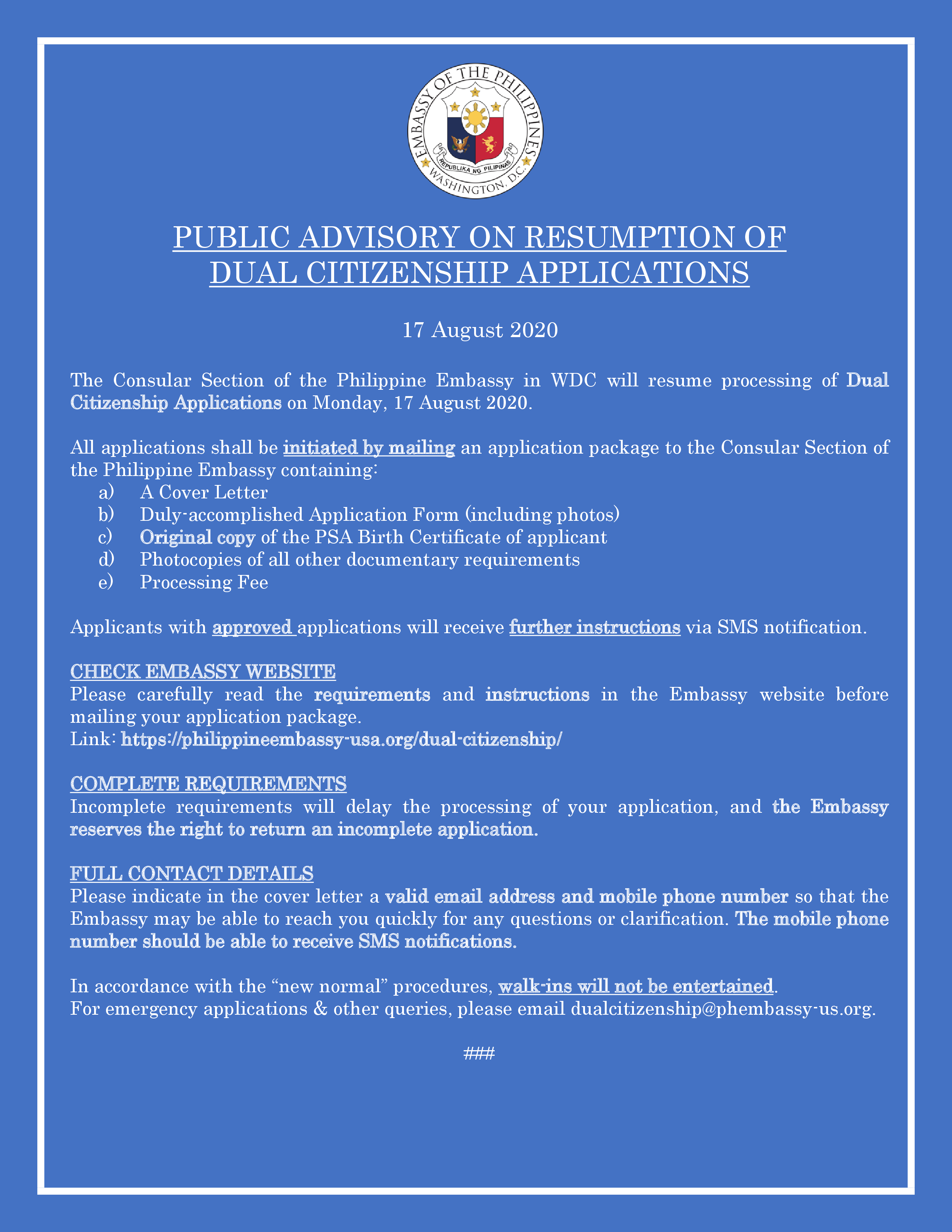 Read more about the article PUBLIC ADVISORY ON RESUMPTION OF  DUAL CITIZENSHIP APPLICATIONS