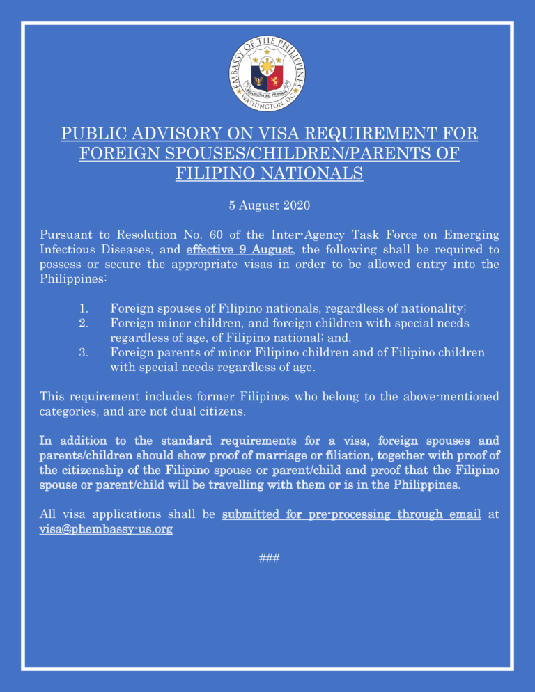 PUBLIC ADVISORY ON VISA REQUIREMENT FOR FOREIGN SPOUSES /CHILDREN