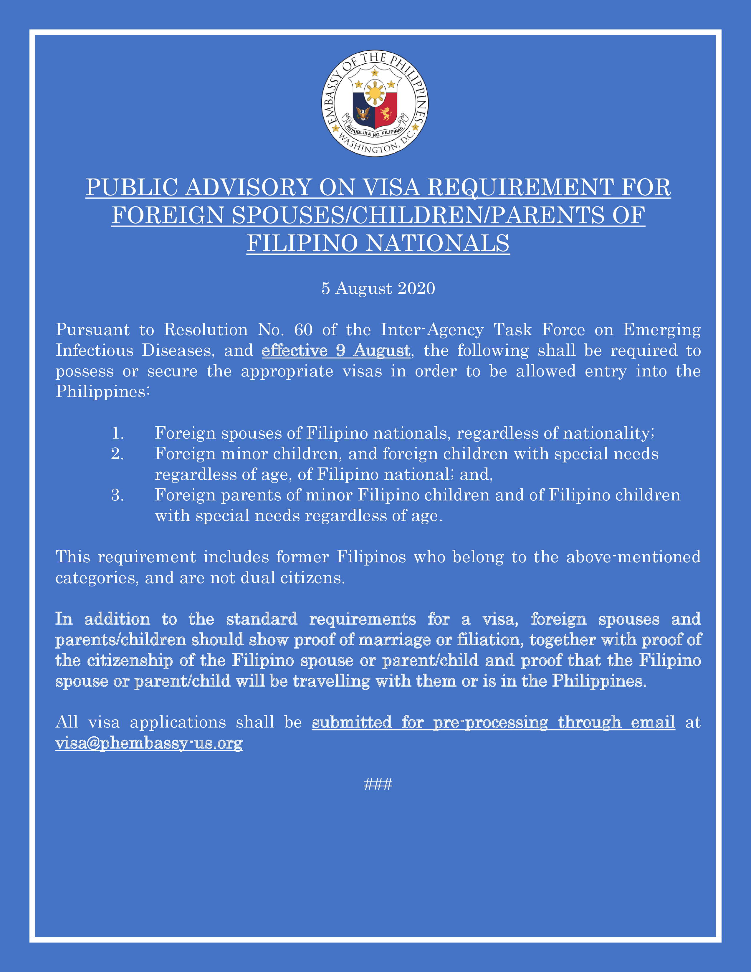 Read more about the article PUBLIC ADVISORY ON VISA REQUIREMENT FOR FOREIGN SPOUSES /CHILDREN/PARENTS OF FILIPINO NATIONALS
