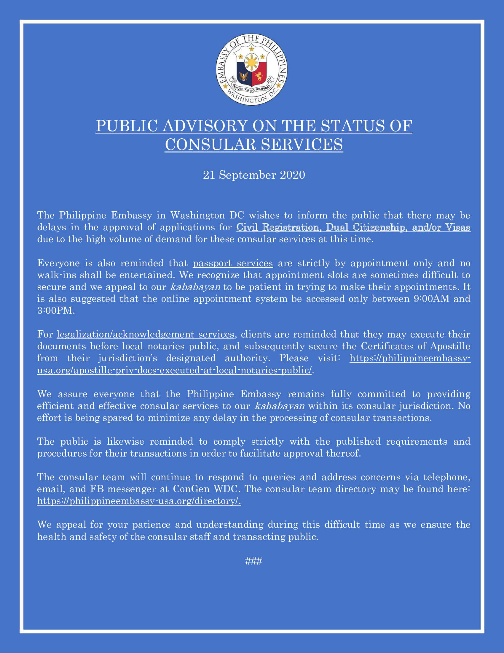 Read more about the article PUBLIC ADVISORY ON THE STATUS OF CONSULAR SERVICES