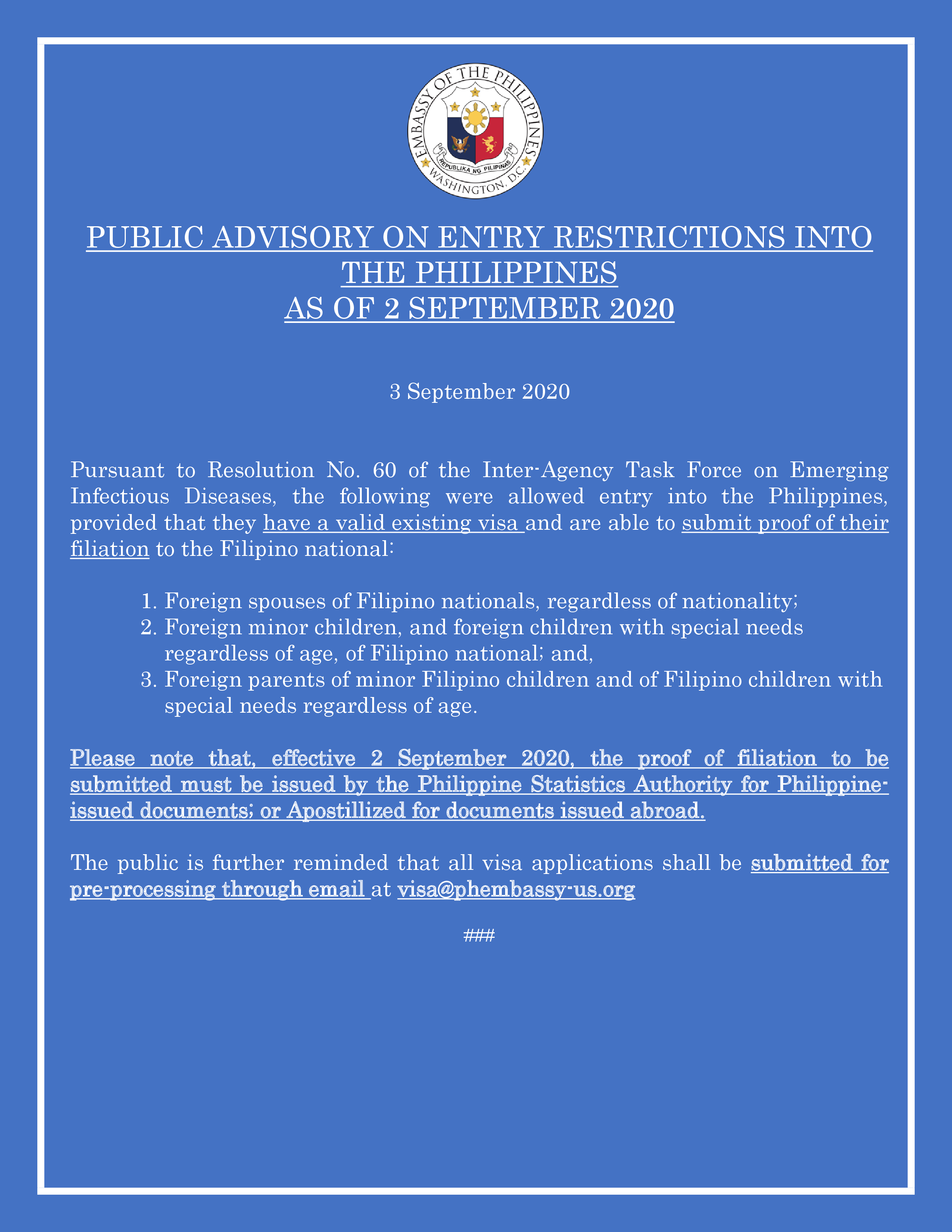 Read more about the article PUBLIC ADVISORY ON ENTRY RESTRICTIONS INTO THE PHILIPPINES AS OF 2 SEPTEMBER 2020