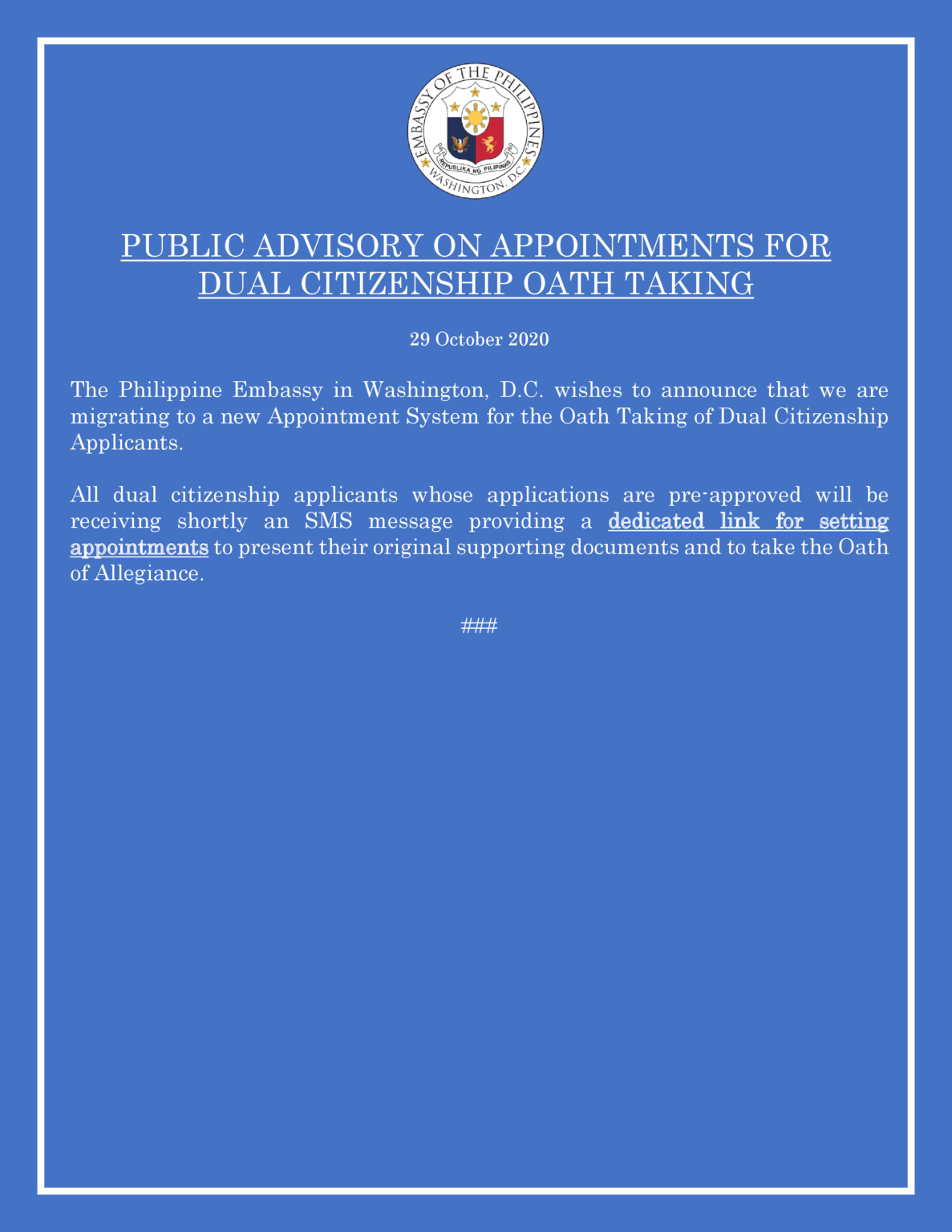 Public Advisory On Appointments For Dual Citizenship Oath Taking Embassy Of The Republic Of 