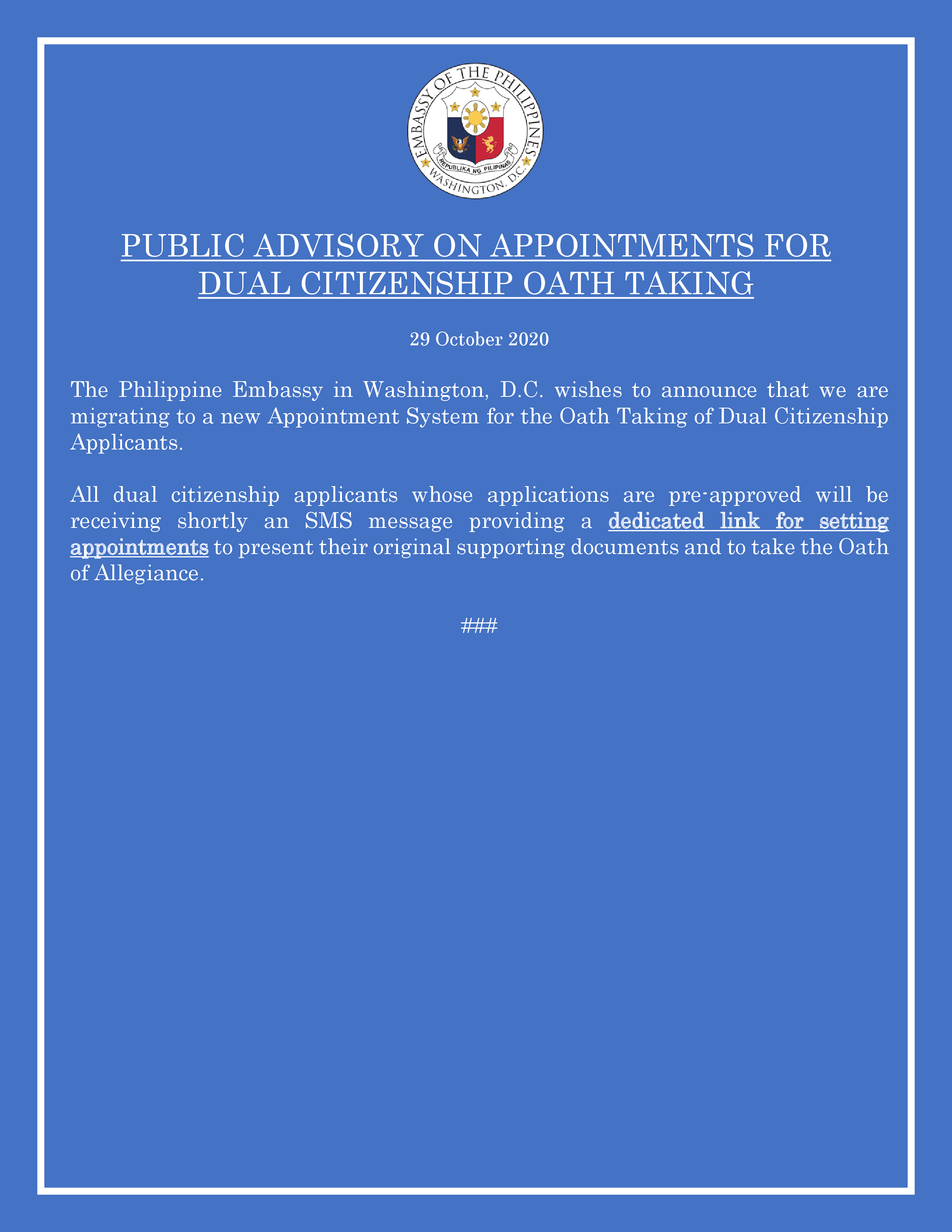 Read more about the article PUBLIC ADVISORY ON APPOINTMENTS FOR DUAL CITIZENSHIP OATH TAKING