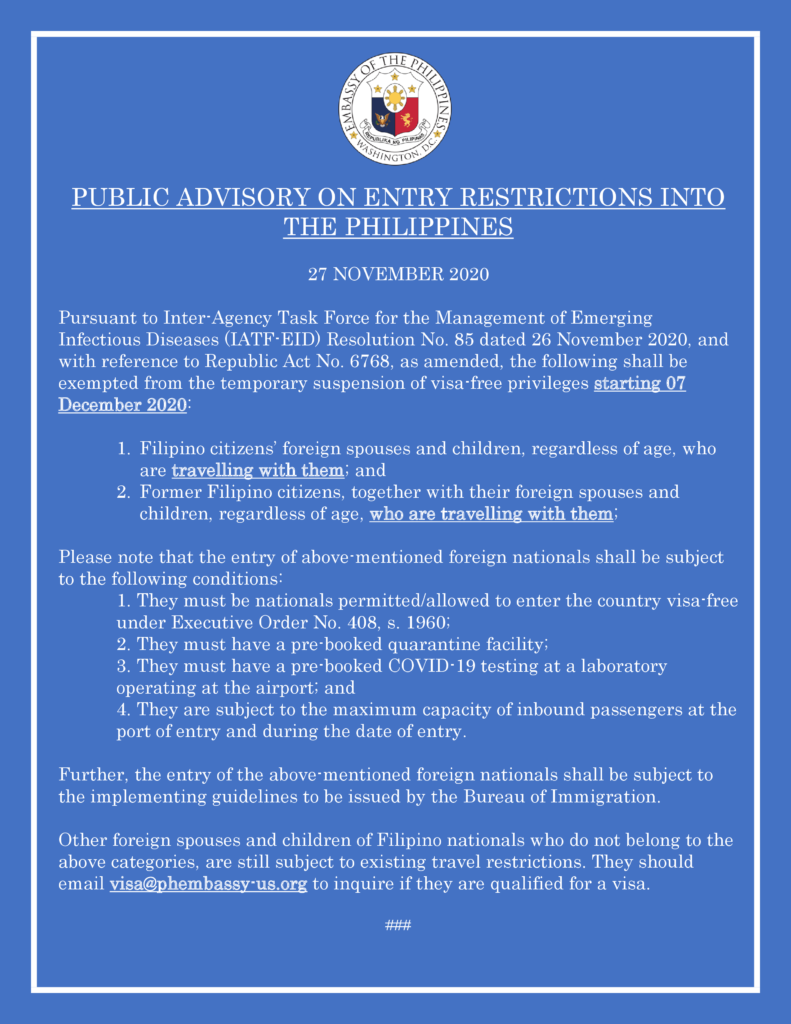 PUBLIC ADVISORY: ENTRY RESTRICTIONS INTO THE PHILIPPINES (AS OF 27 NOVEMBER  2020) - Embassy of the Republic of the Philippines