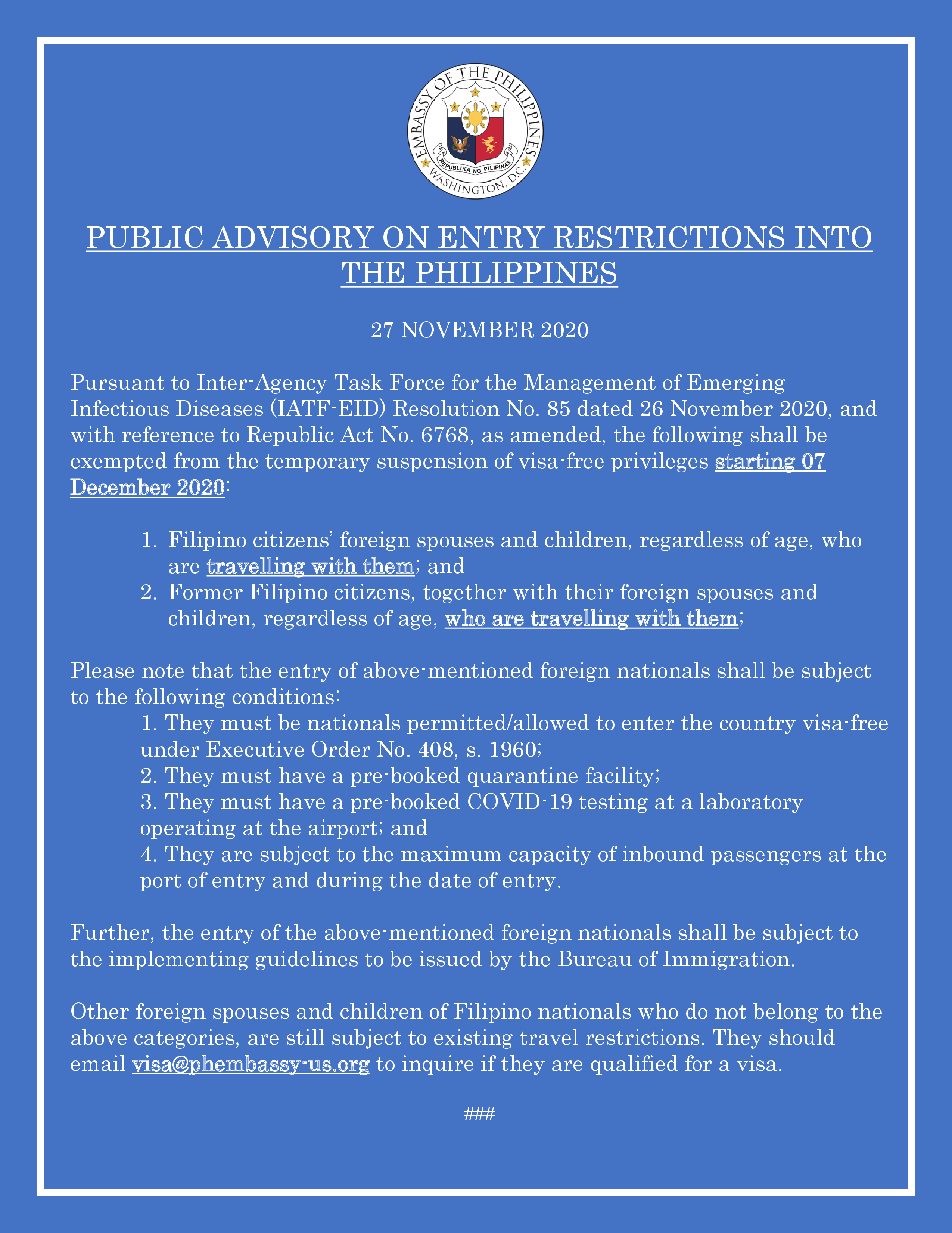Read more about the article PUBLIC ADVISORY: ENTRY RESTRICTIONS INTO THE PHILIPPINES (AS OF 27 NOVEMBER 2020)