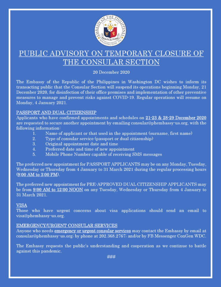 PUBLIC ADVISORY: TEMPORARY CLOSURE OF THE CONSULAR SECTION - Embassy of ...