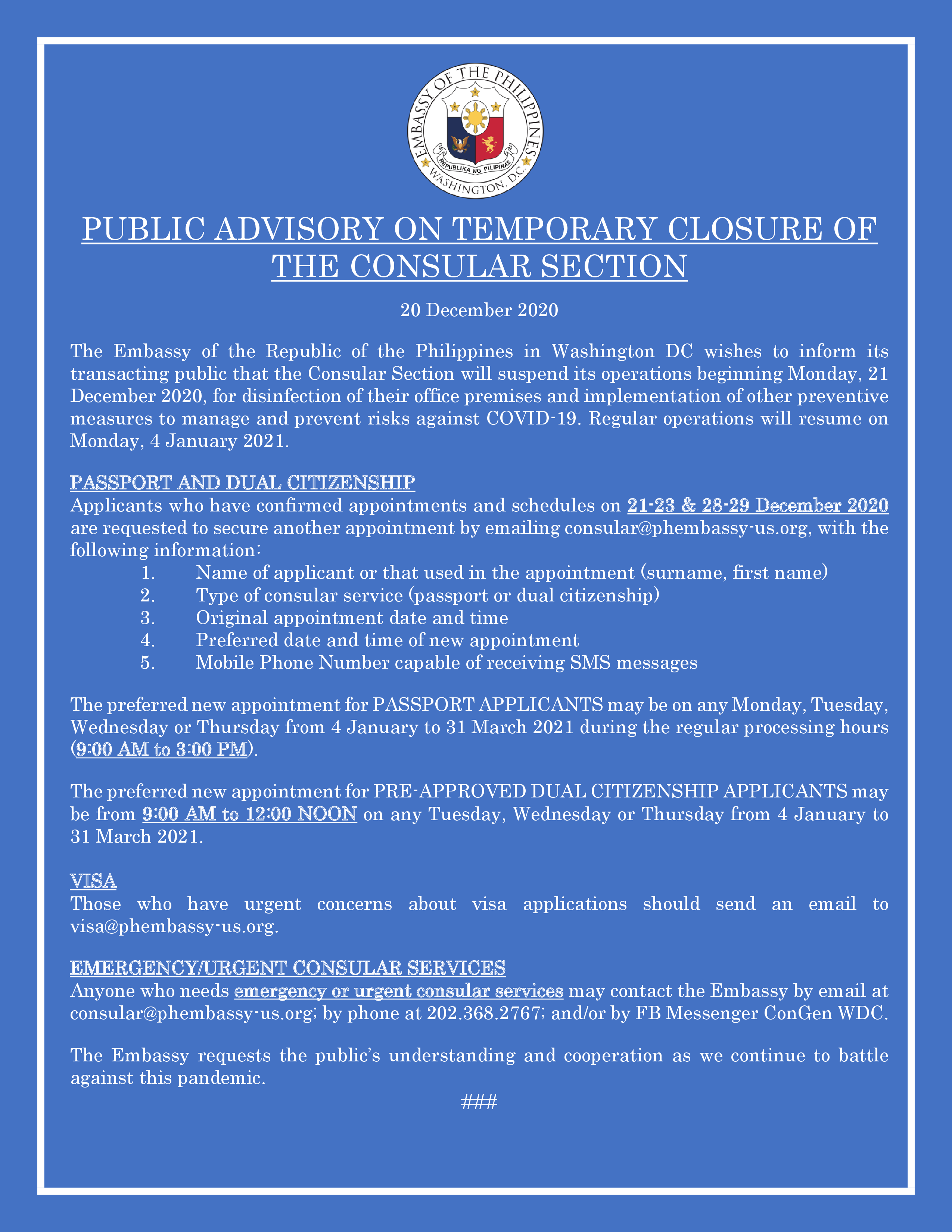 Read more about the article PUBLIC ADVISORY: TEMPORARY CLOSURE OF THE CONSULAR SECTION