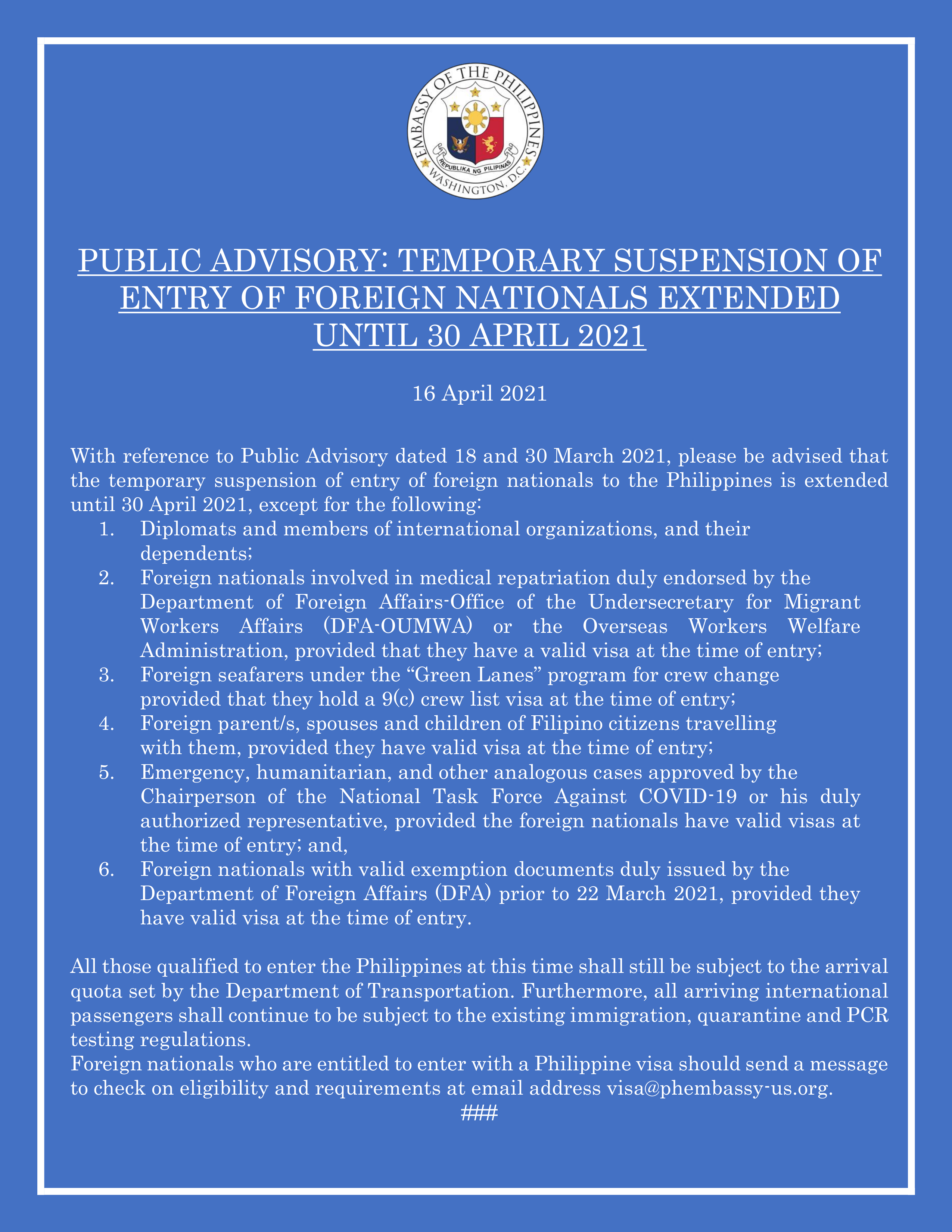 Read more about the article PUBLIC ADVISORY: TEMPORARY SUSPENSION OF ENTRY OF FOREIGN NATIONALS EXTENDED UNTIL 30 APRIL 2021