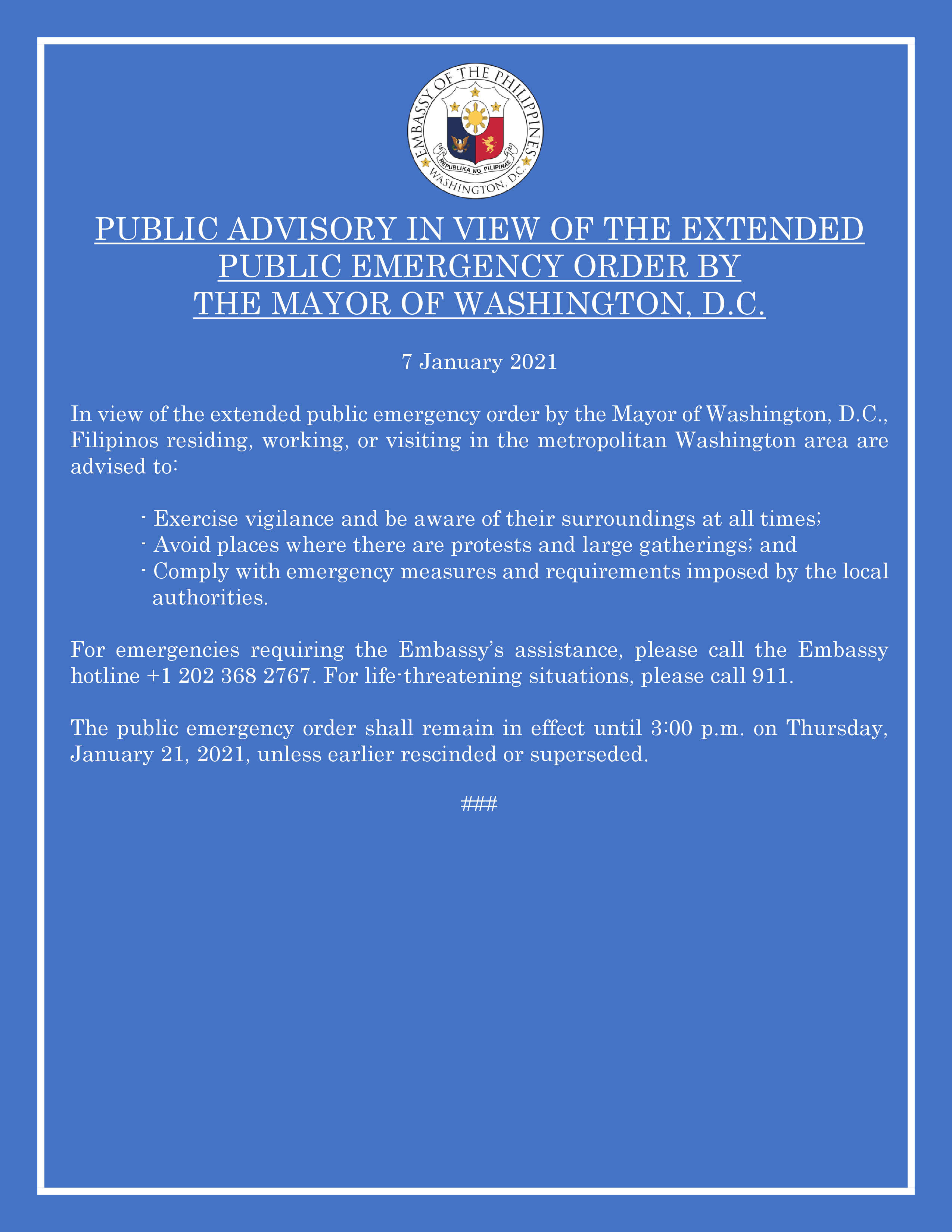 Read more about the article PUBLIC ADVISORY IN VIEW OF THE EXTENDED PUBLIC EMERGENCY ORDER BY THE MAYOR OF WASHINGTON, D.C.