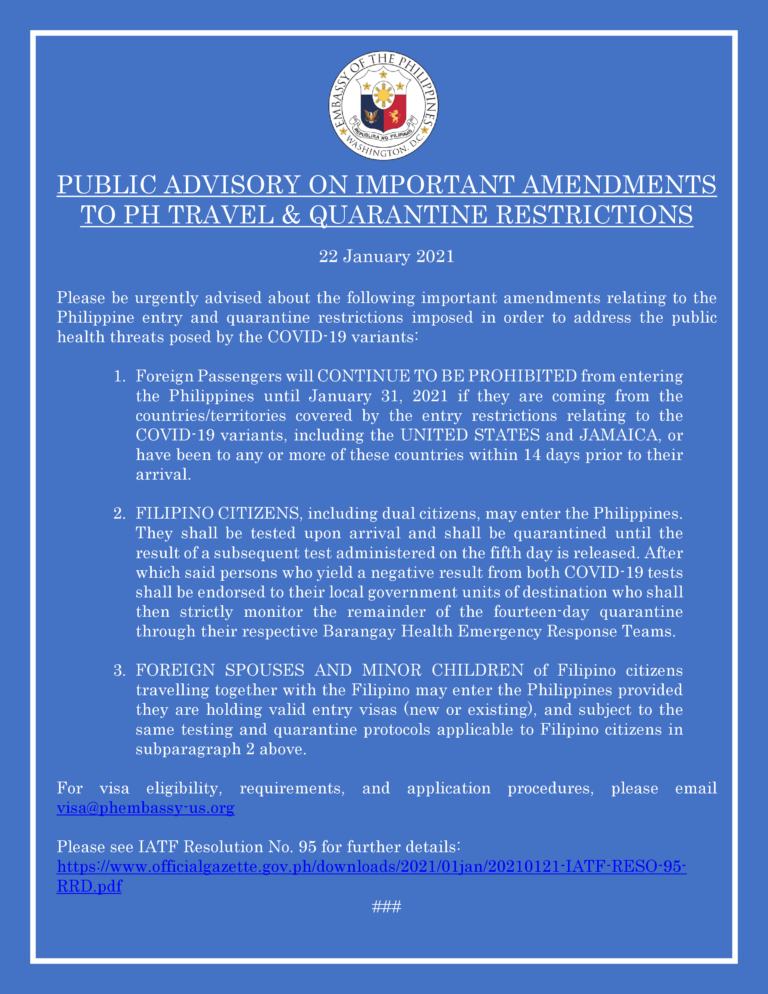 Public Advisory On Important Amendments To Ph Travel And Quarantine Restrictions Embassy Of The 6608