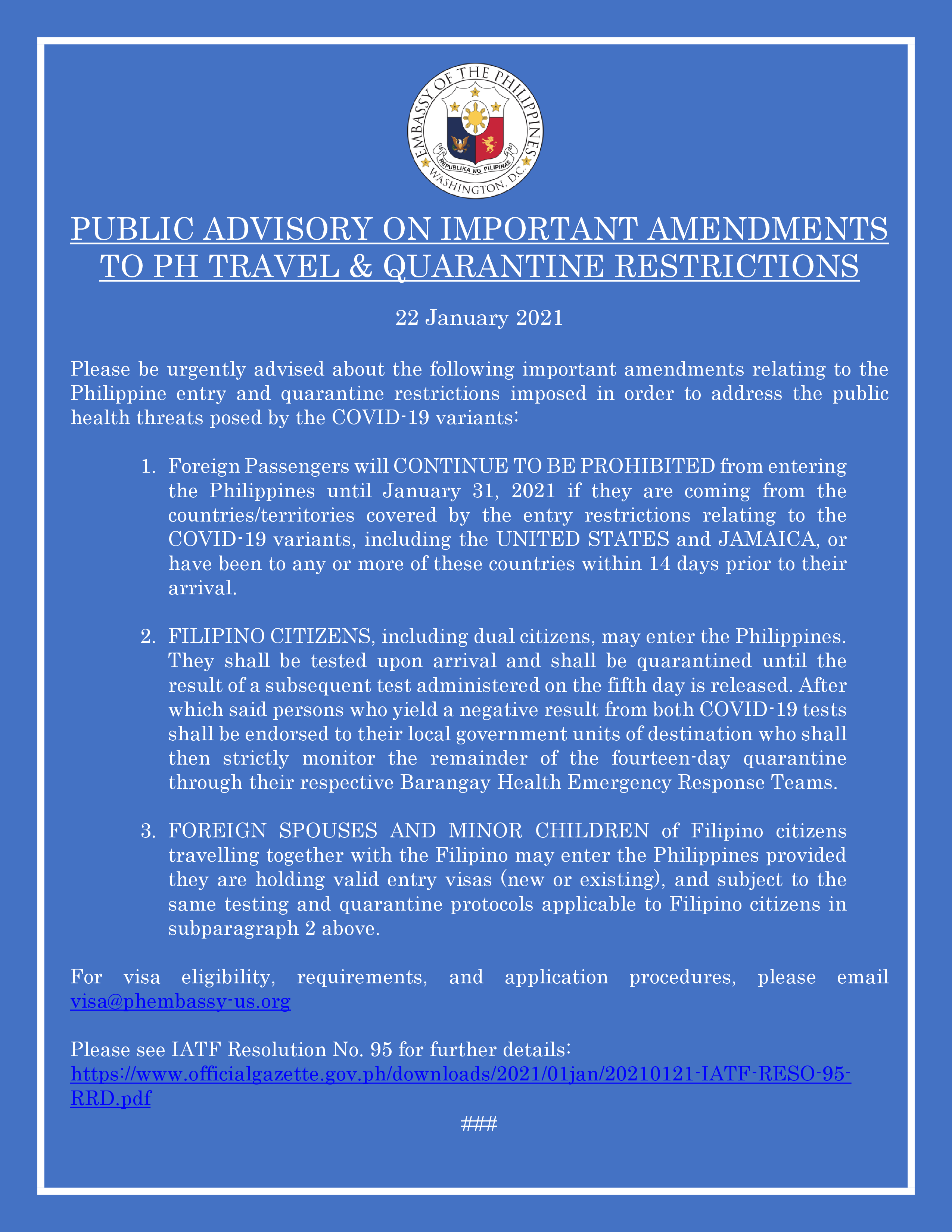 Read more about the article PUBLIC ADVISORY ON IMPORTANT AMENDMENTS TO PH TRAVEL & QUARANTINE RESTRICTIONS