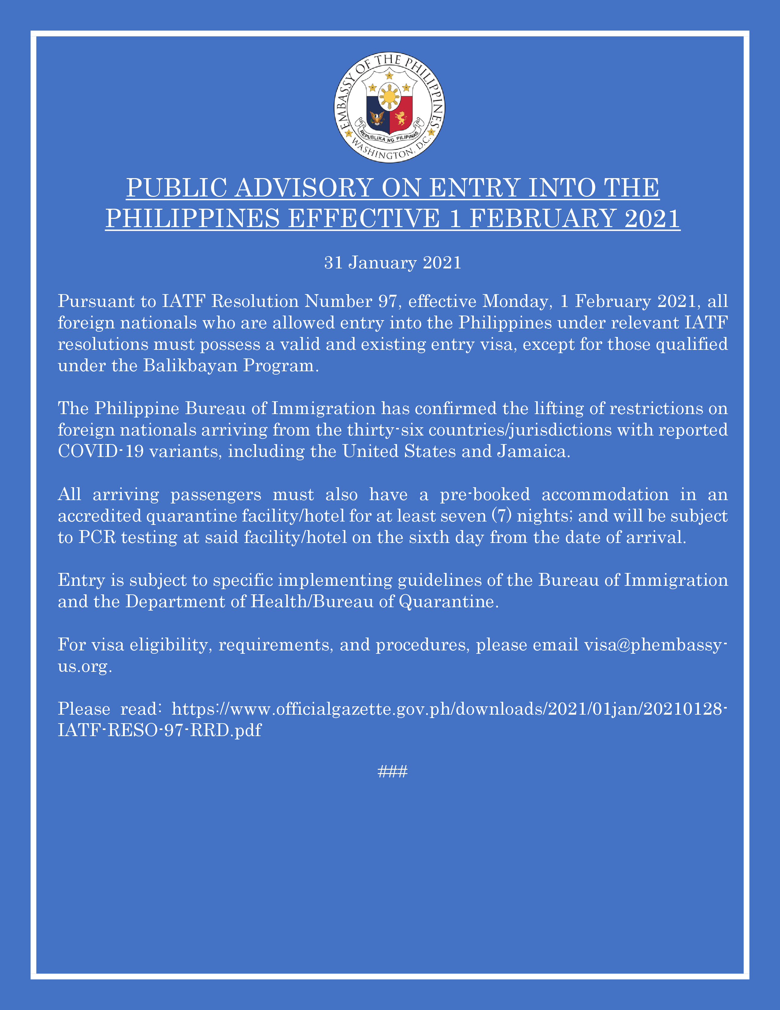 Read more about the article PUBLIC ADVISORY ON ENTRY INTO THE PHILIPPINES EFFECTIVE 1 FEBRUARY 2021