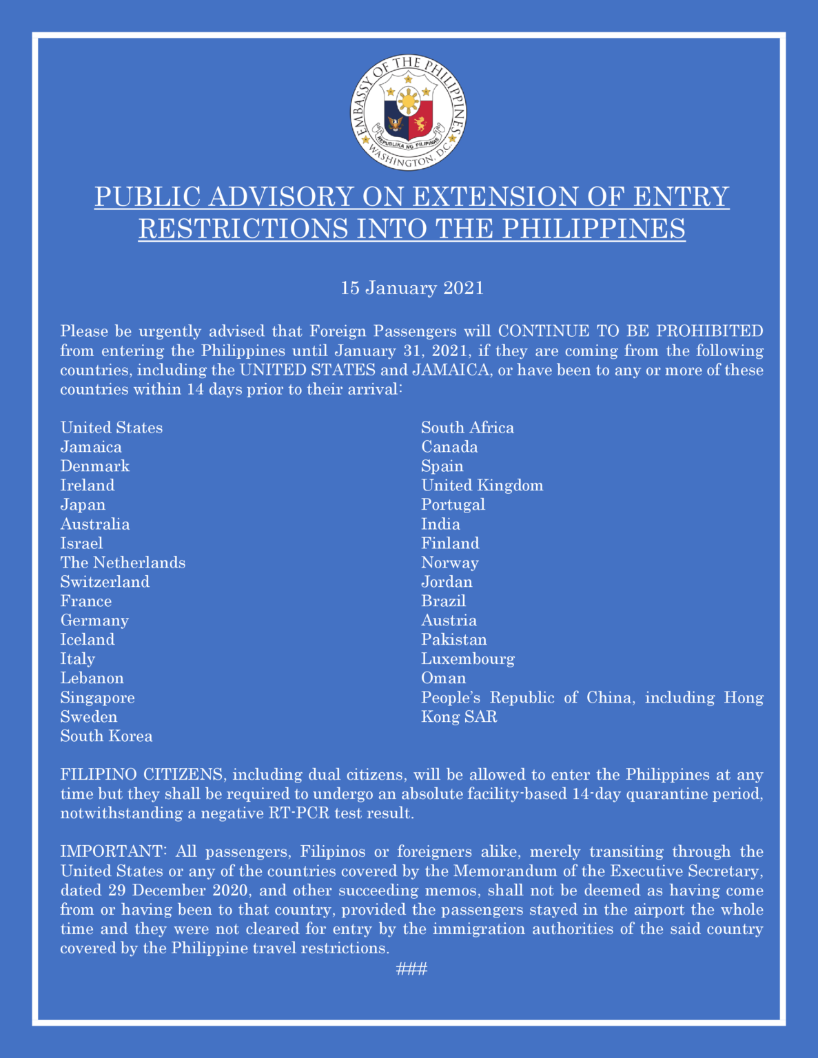 PUBLIC ADVISORY ON EXTENSION OF ENTRY RESTRICTIONS INTO THE PHILIPPINES