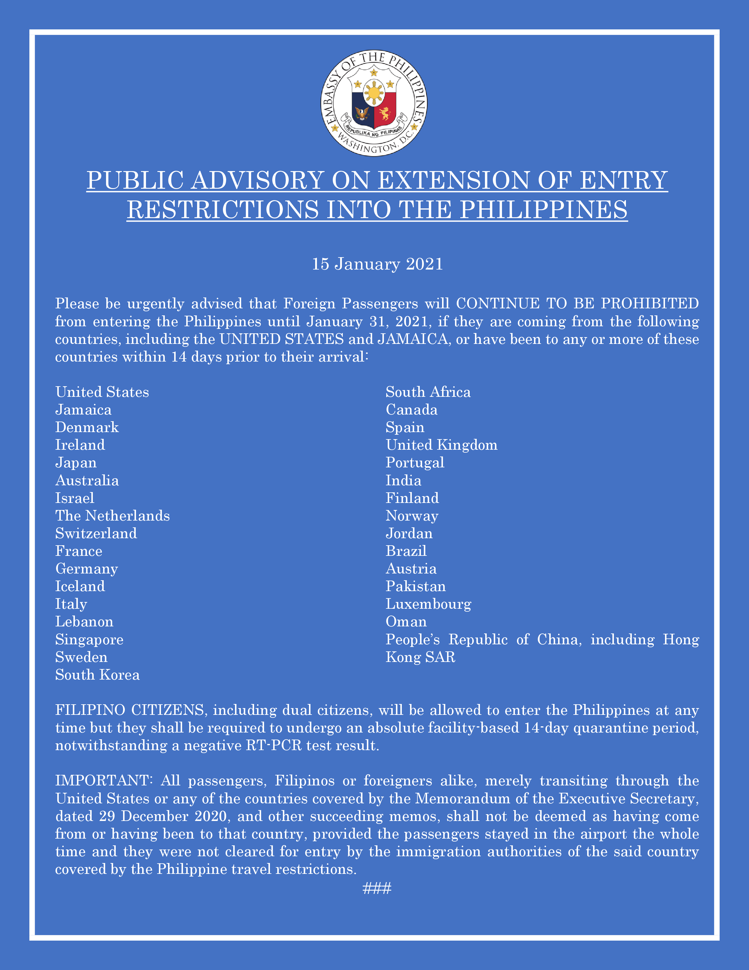 Read more about the article PUBLIC ADVISORY ON EXTENSION OF ENTRY RESTRICTIONS INTO THE PHILIPPINES