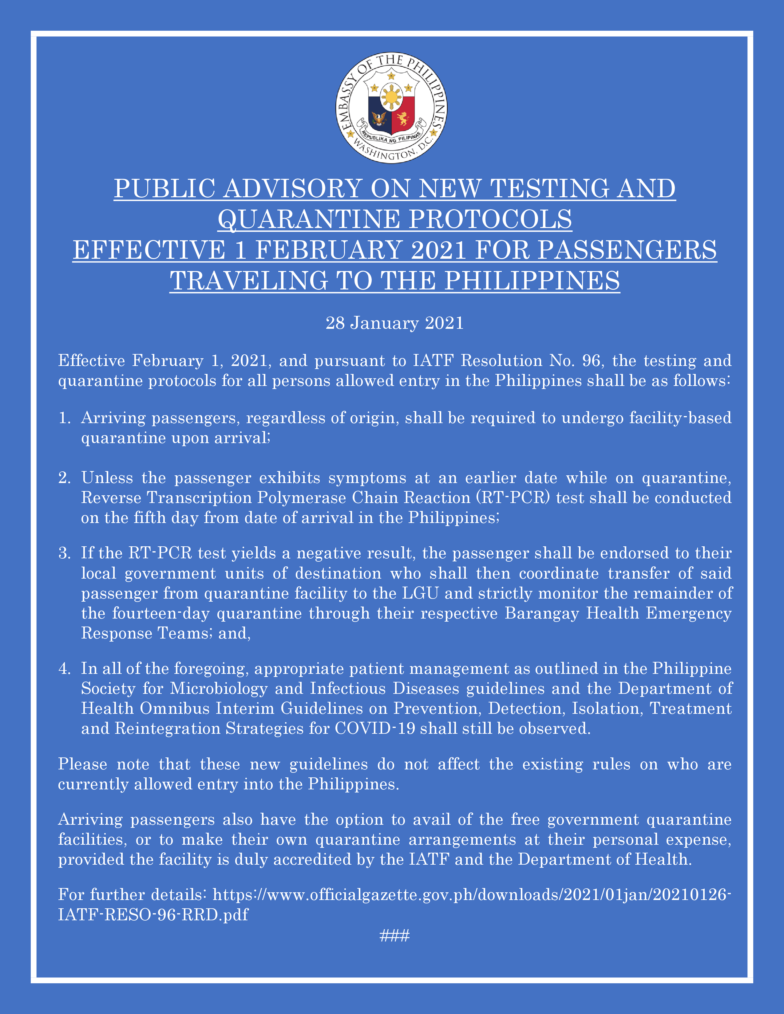 Read more about the article PUBLIC ADVISORY ON NEW TESTING AND QUARANTINE PROTOCOLS EFFECTIVE 1 FEBRUARY 2021 FOR PASSENGERS TRAVELING TO THE PHILIPPINES