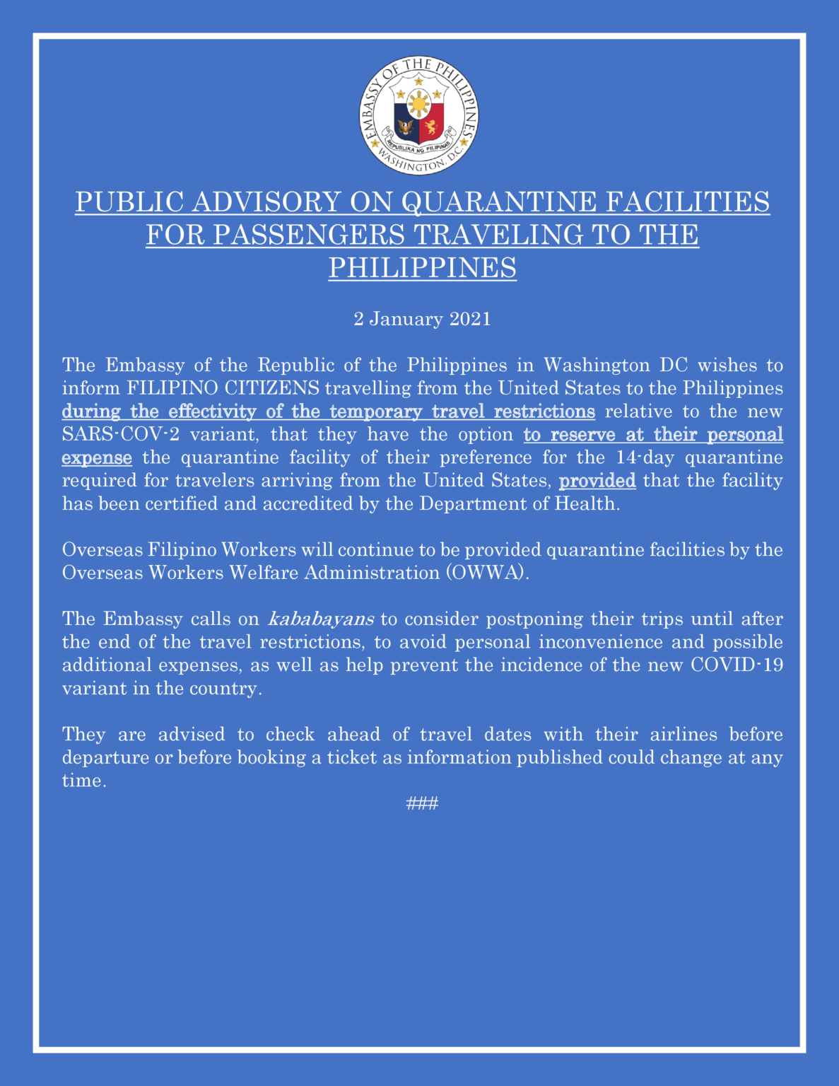 Public Advisory On Quarantine Facilities For Passengers Traveling To The Philippines Embassy 0407