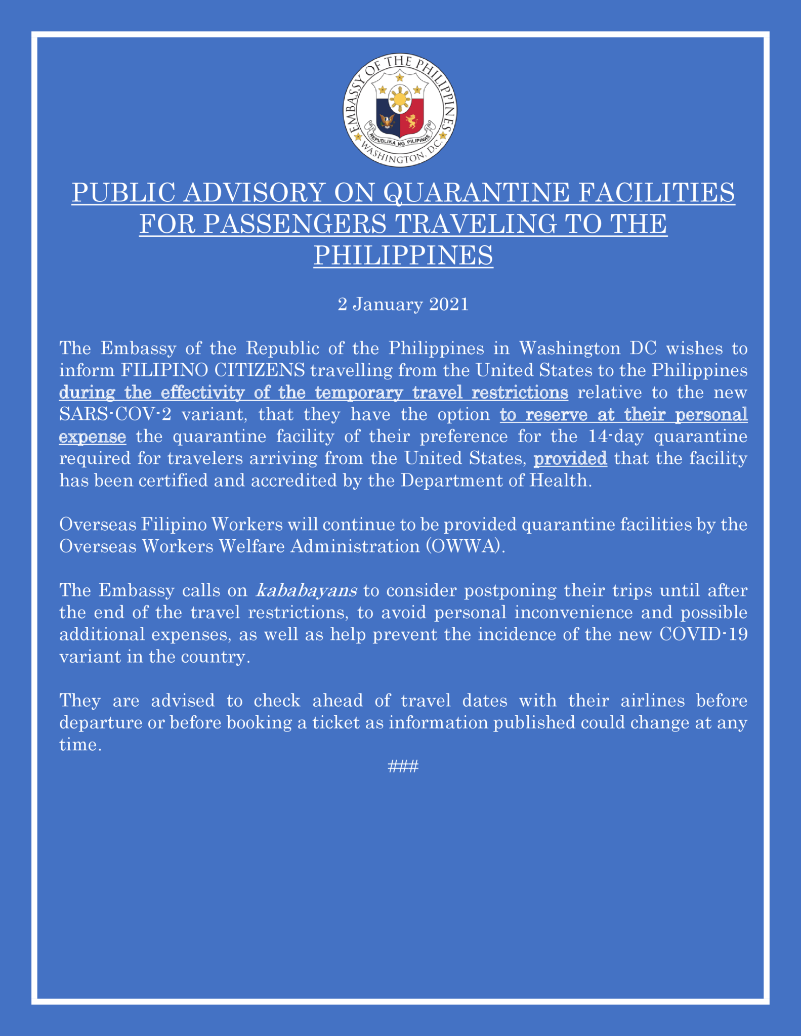 PUBLIC ADVISORY ON QUARANTINE FACILITIES FOR PASSENGERS TRAVELING TO
