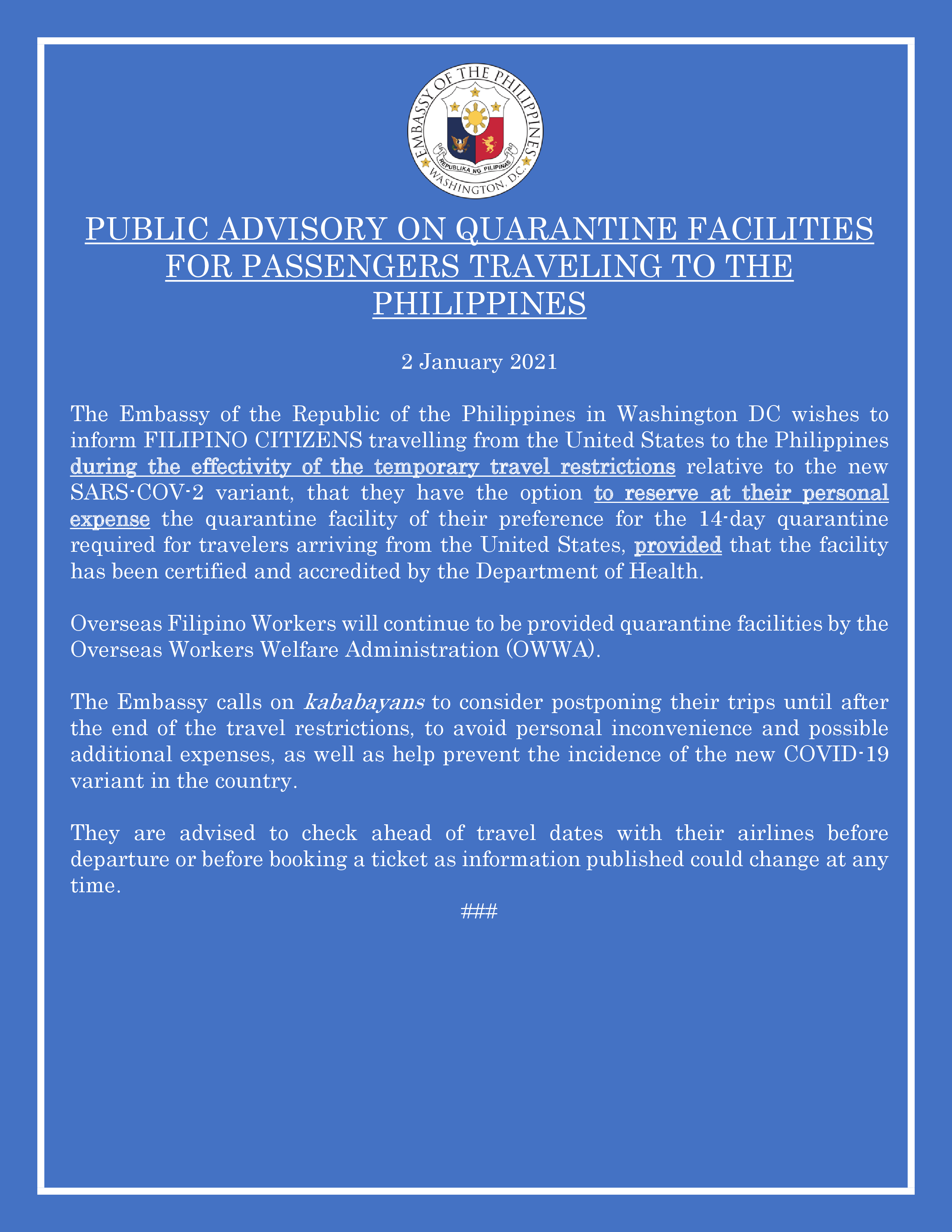 Read more about the article PUBLIC ADVISORY ON QUARANTINE FACILITIES FOR PASSENGERS TRAVELING TO THE PHILIPPINES