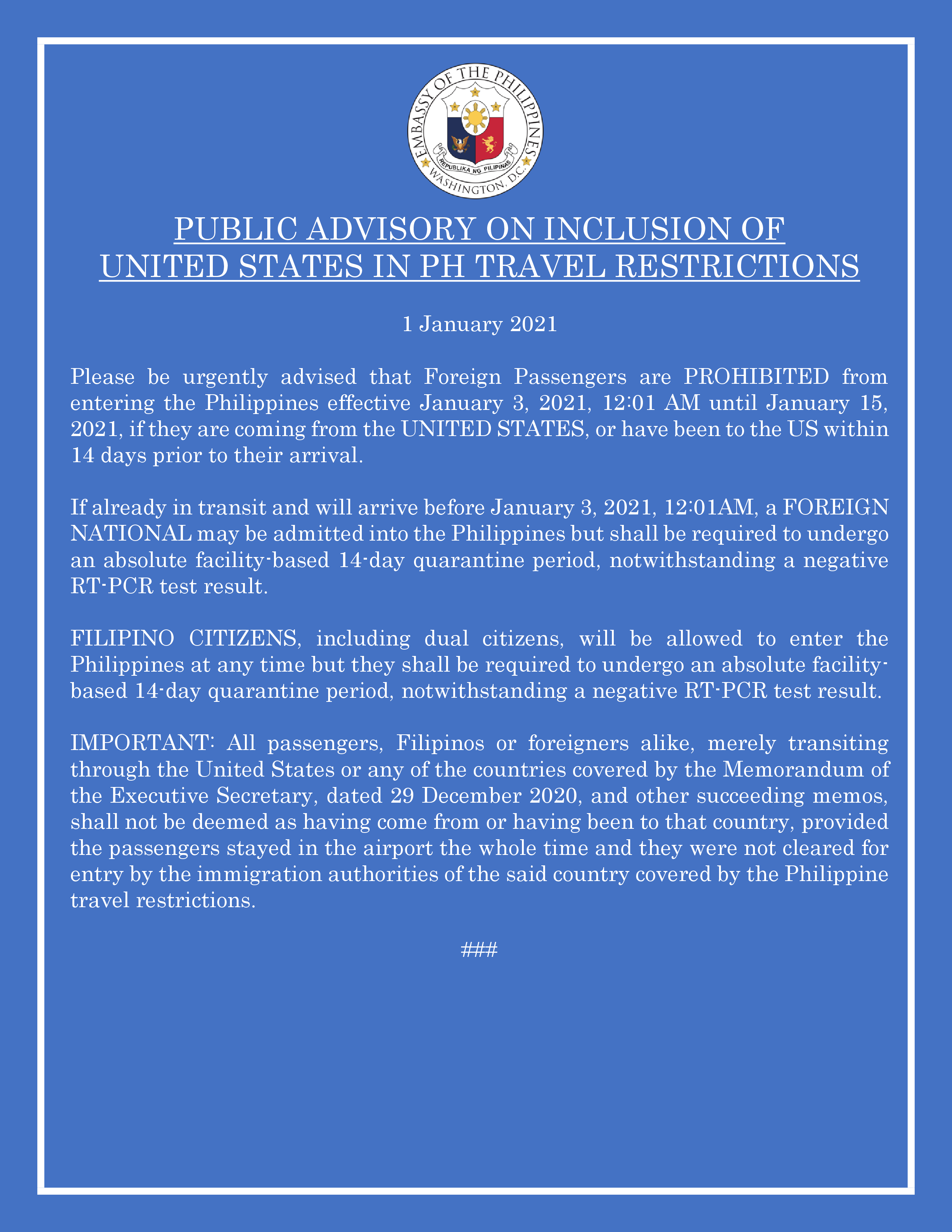 Read more about the article PUBLIC ADVISORY ON INCLUSION OF UNITED STATES IN PH TRAVEL RESTRICTIONS