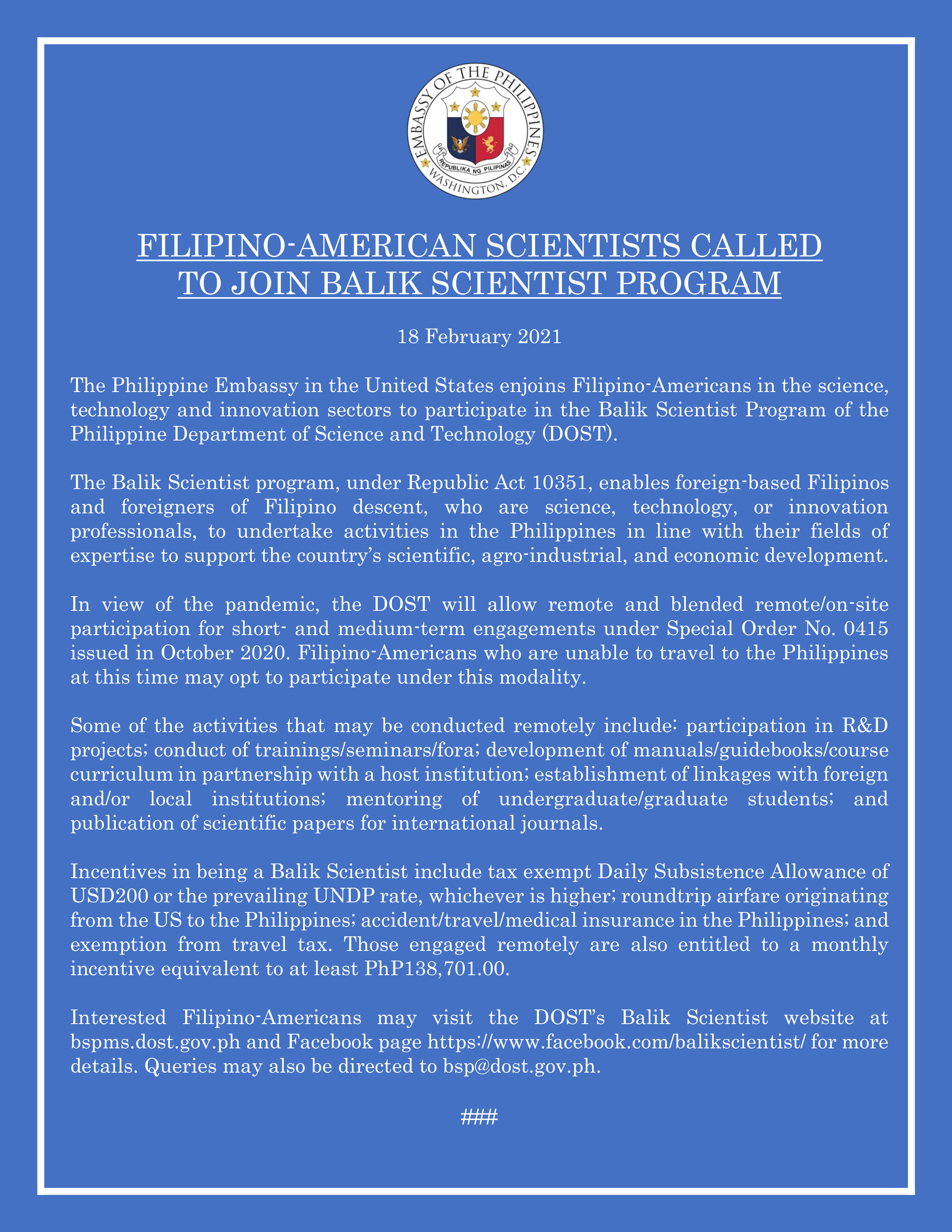 Read more about the article FILIPINO-AMERICAN SCIENTISTS CALLED TO JOIN BALIK SCIENTIST PROGRAM