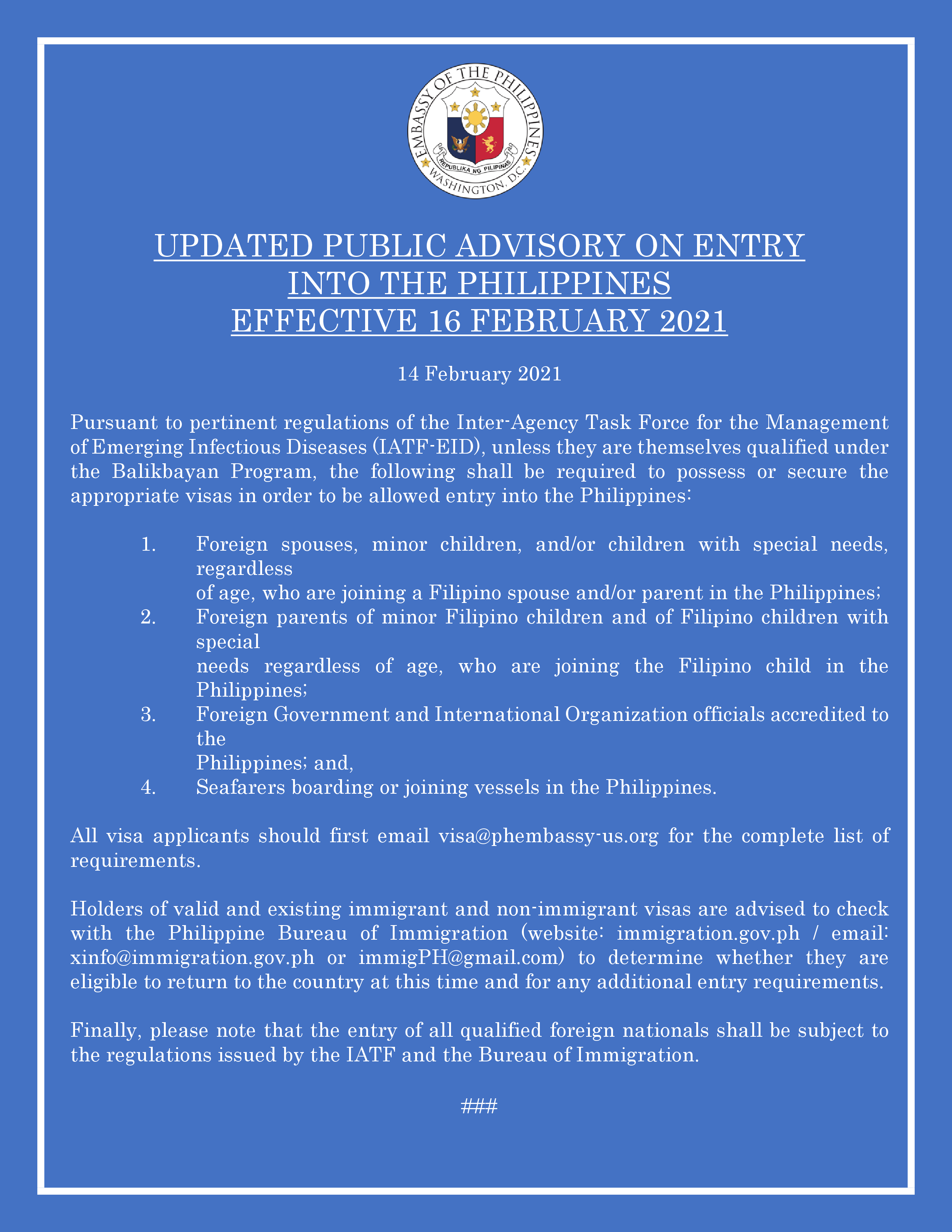 Read more about the article PUBLIC ADVISORY ON ENTRY INTO THE PHILIPPINES EFFECTIVE 16 FEBRUARY 2021