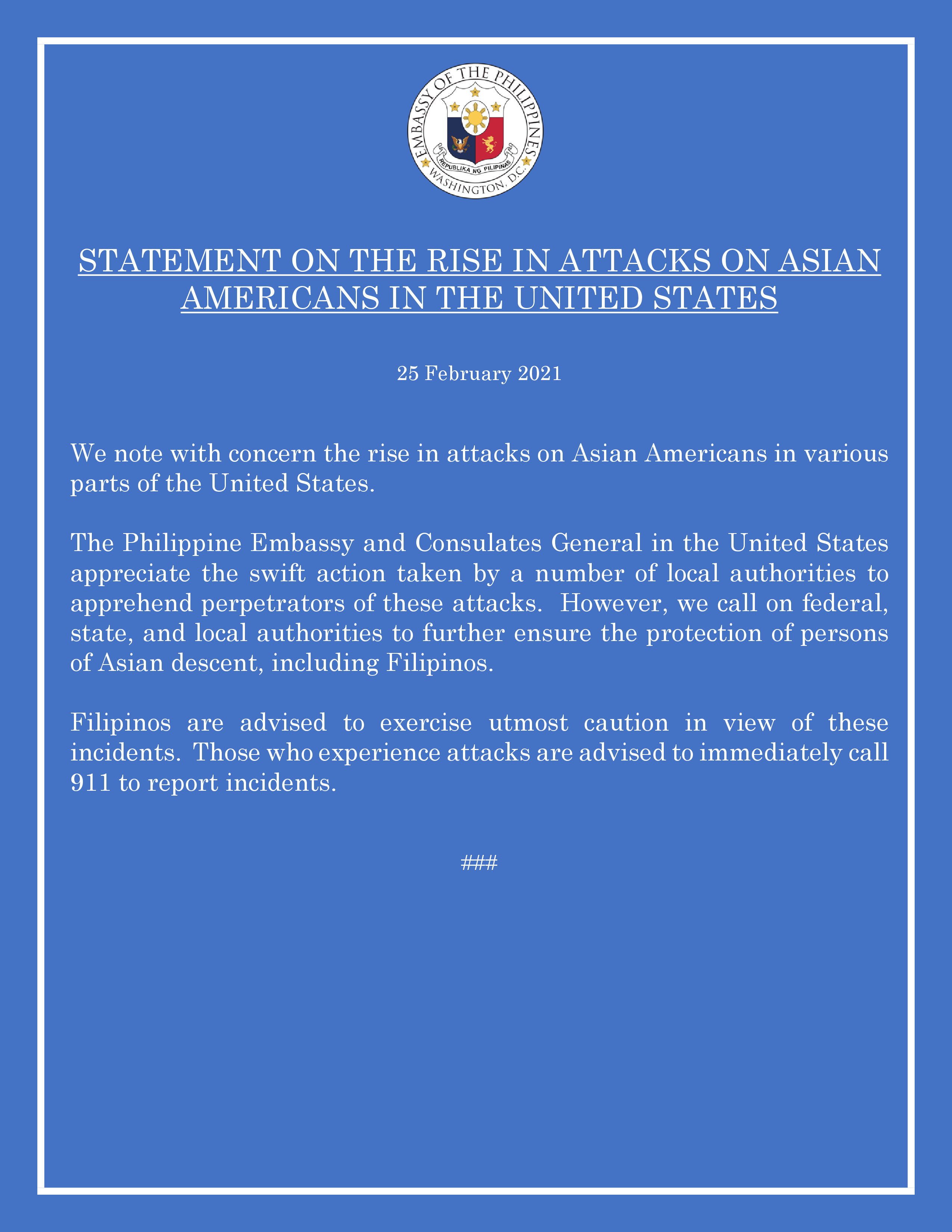 Read more about the article STATEMENT ON THE RISE IN ATTACKS ON ASIAN AMERICANS IN THE UNITED STATES