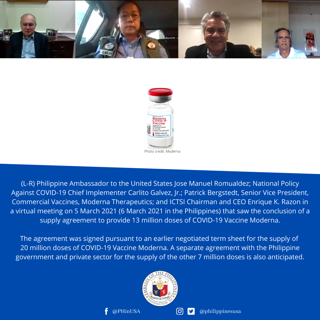 Read more about the article CONCLUSION OF SUPPLY AGREEMENT TO PROVIDE 13 MILLION DOSES OF COVID-19 VACCINE MODERNA TO THE PHILIPPINES