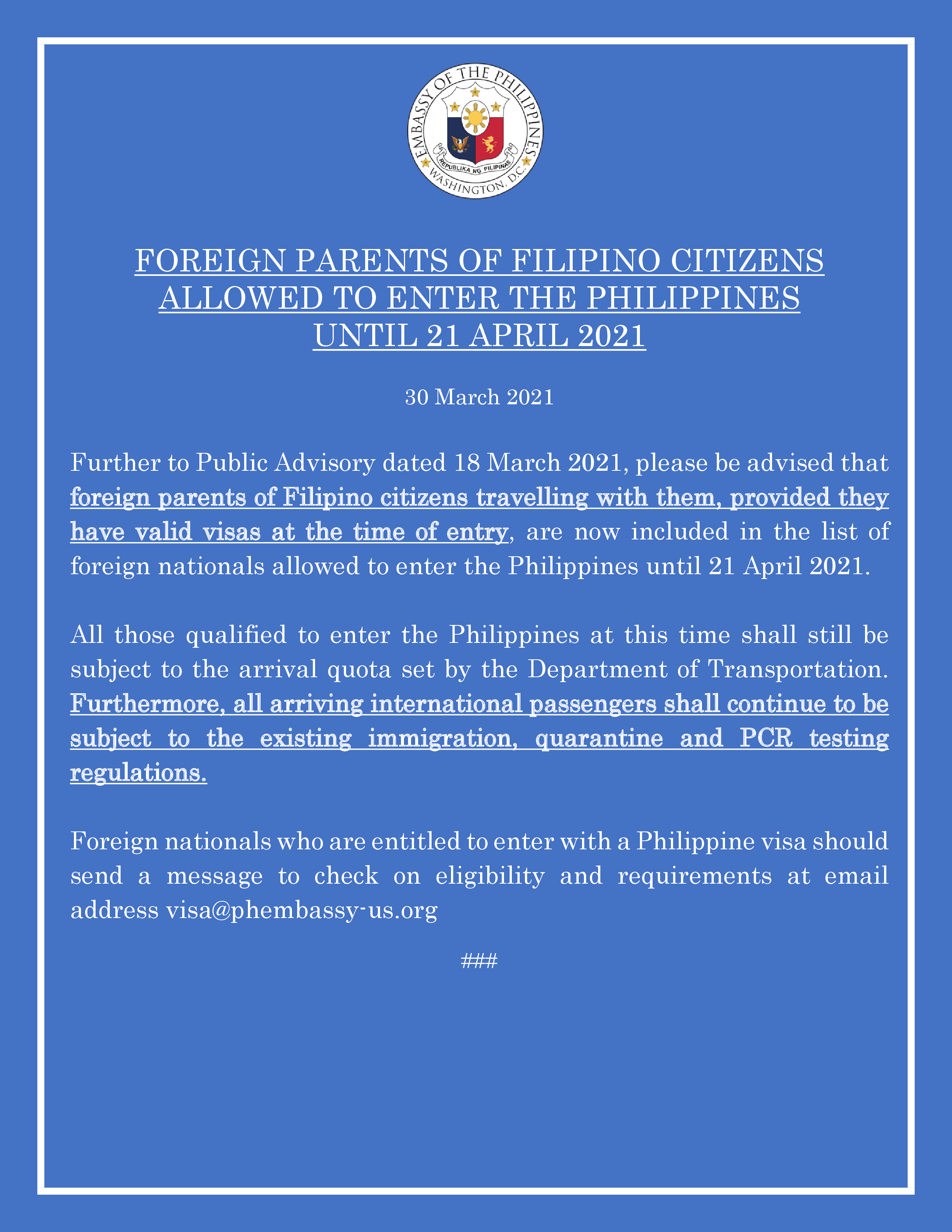 Read more about the article FOREIGN PARENTS OF FILIPINO CITIZENS ALLOWED TO ENTER THE PHILIPPINES UNTIL 21 APRIL 2021