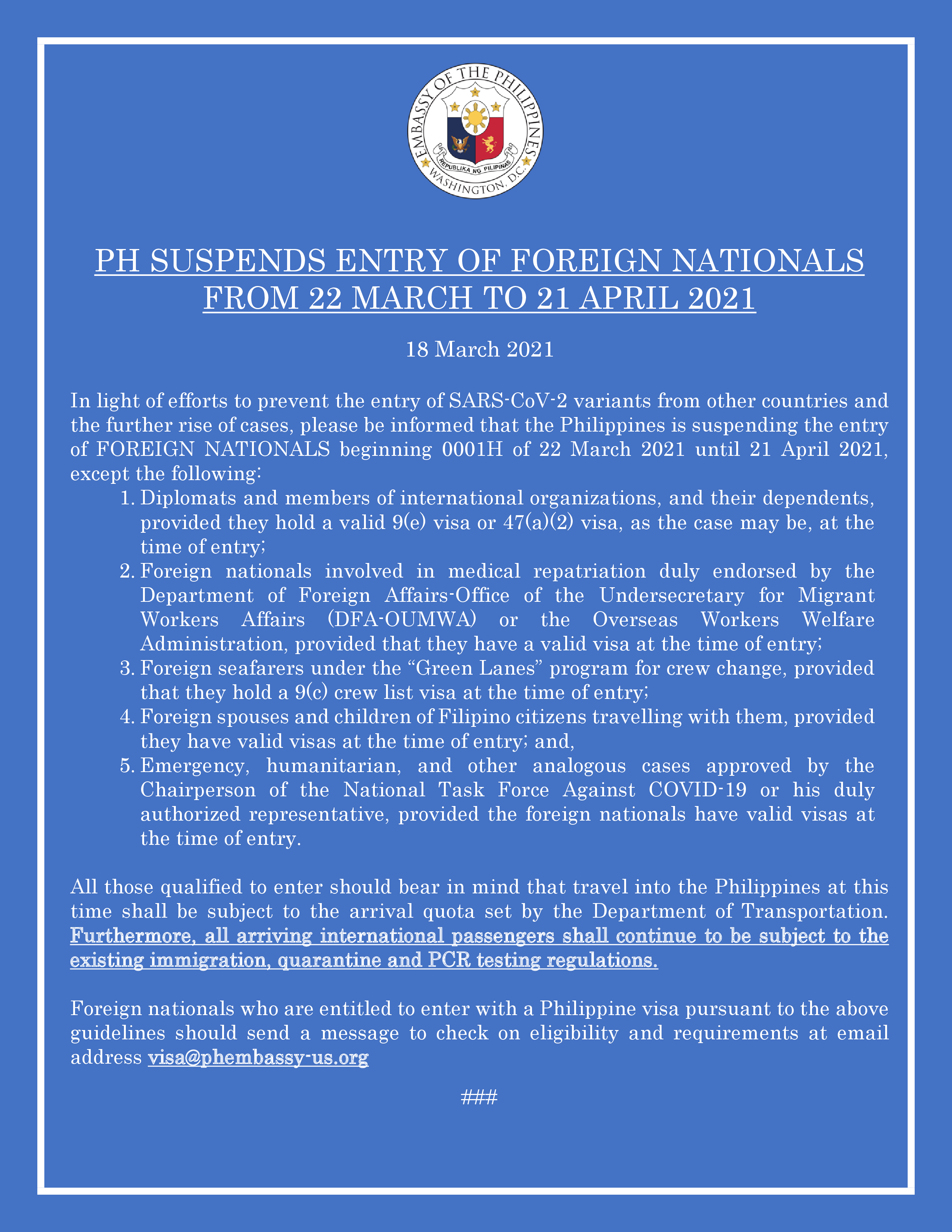 Read more about the article PUBLIC ADVISORY: PH SUSPENDED ENTRY OF FOREIGN NATIONALS FROM 22 MARCH TO 21 APRIL 2021