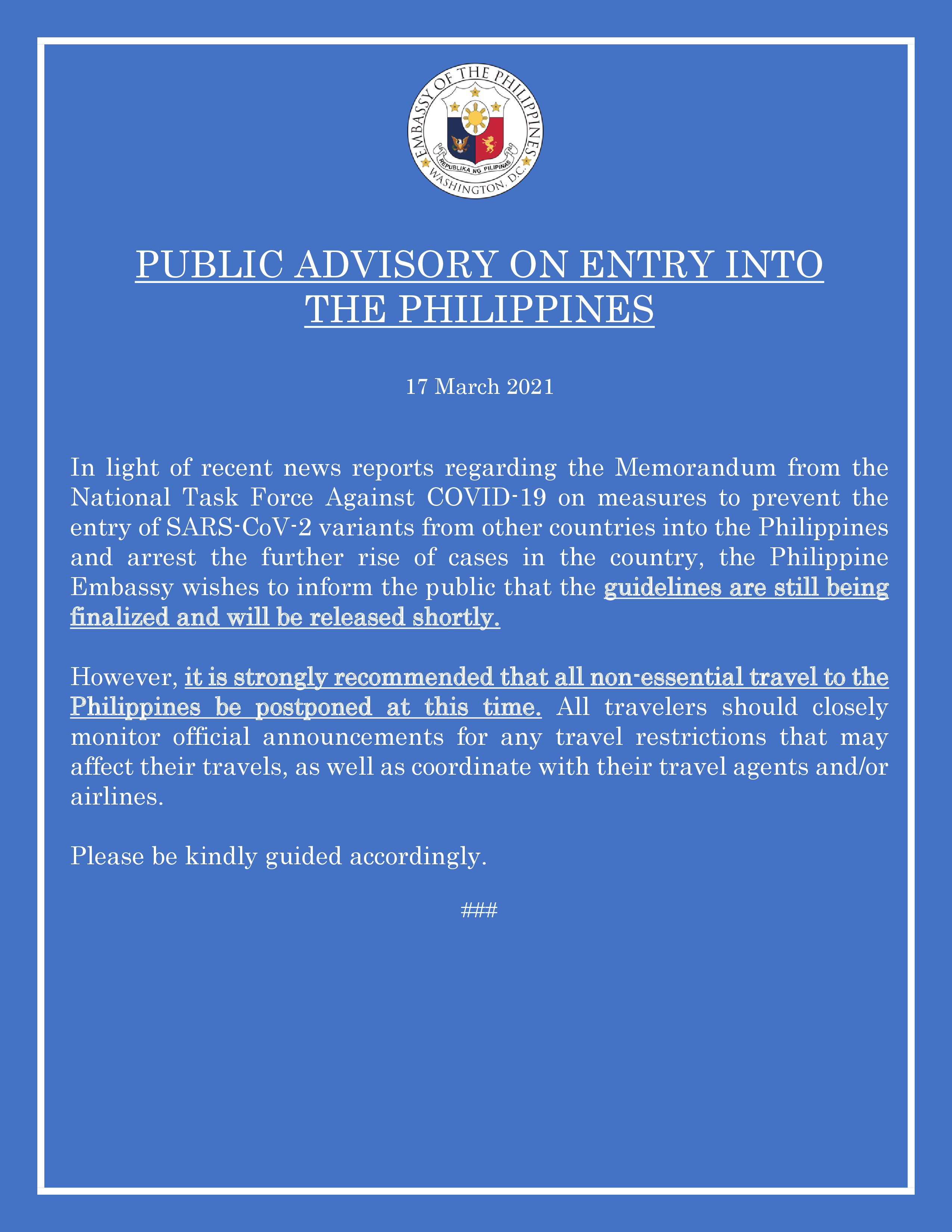 Read more about the article PUBLIC ADVISORY ON ENTRY INTO THE PHILIPPINES