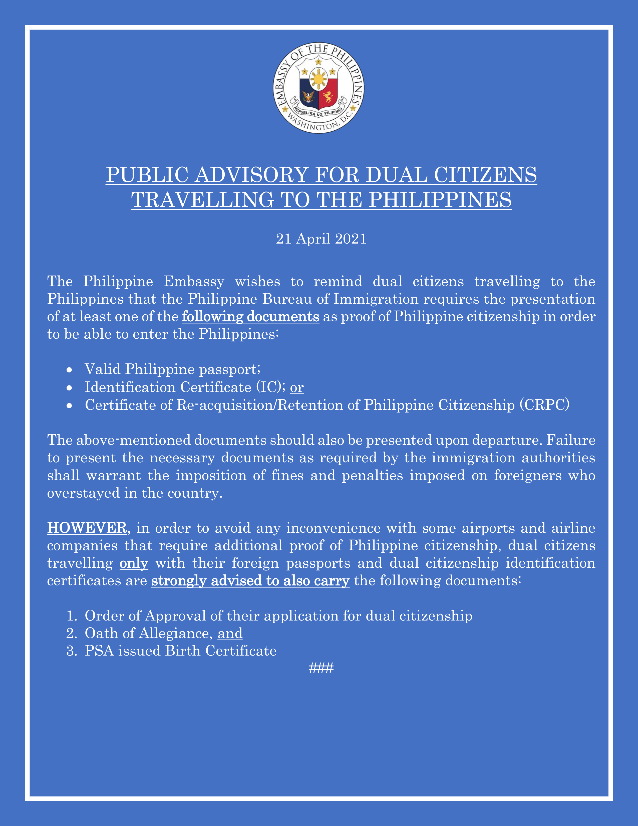 Read more about the article PUBLIC ADVISORY FOR DUAL CITIZENS TRAVELLING TO THE PHILIPPINES