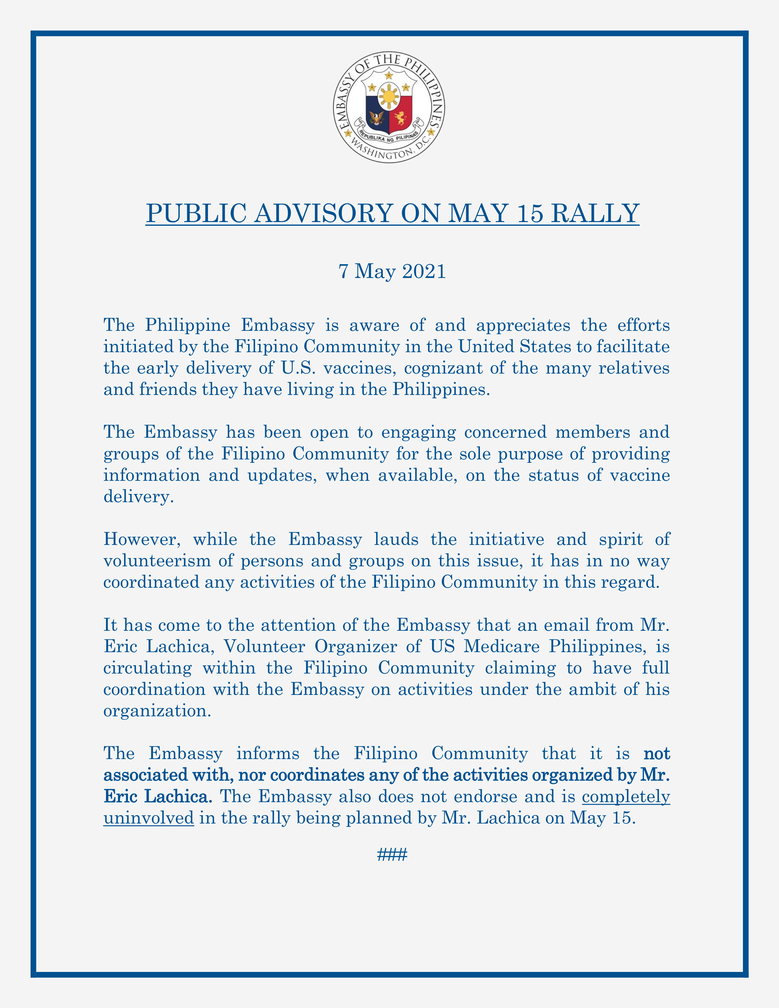 Read more about the article PUBLIC ADVISORY ON MAY 15 RALLY