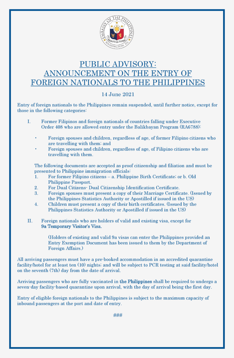 PUBLIC ADVISORY ANNOUNCEMENT ON THE ENTRY OF FOREIGN NATIONALS TO THE