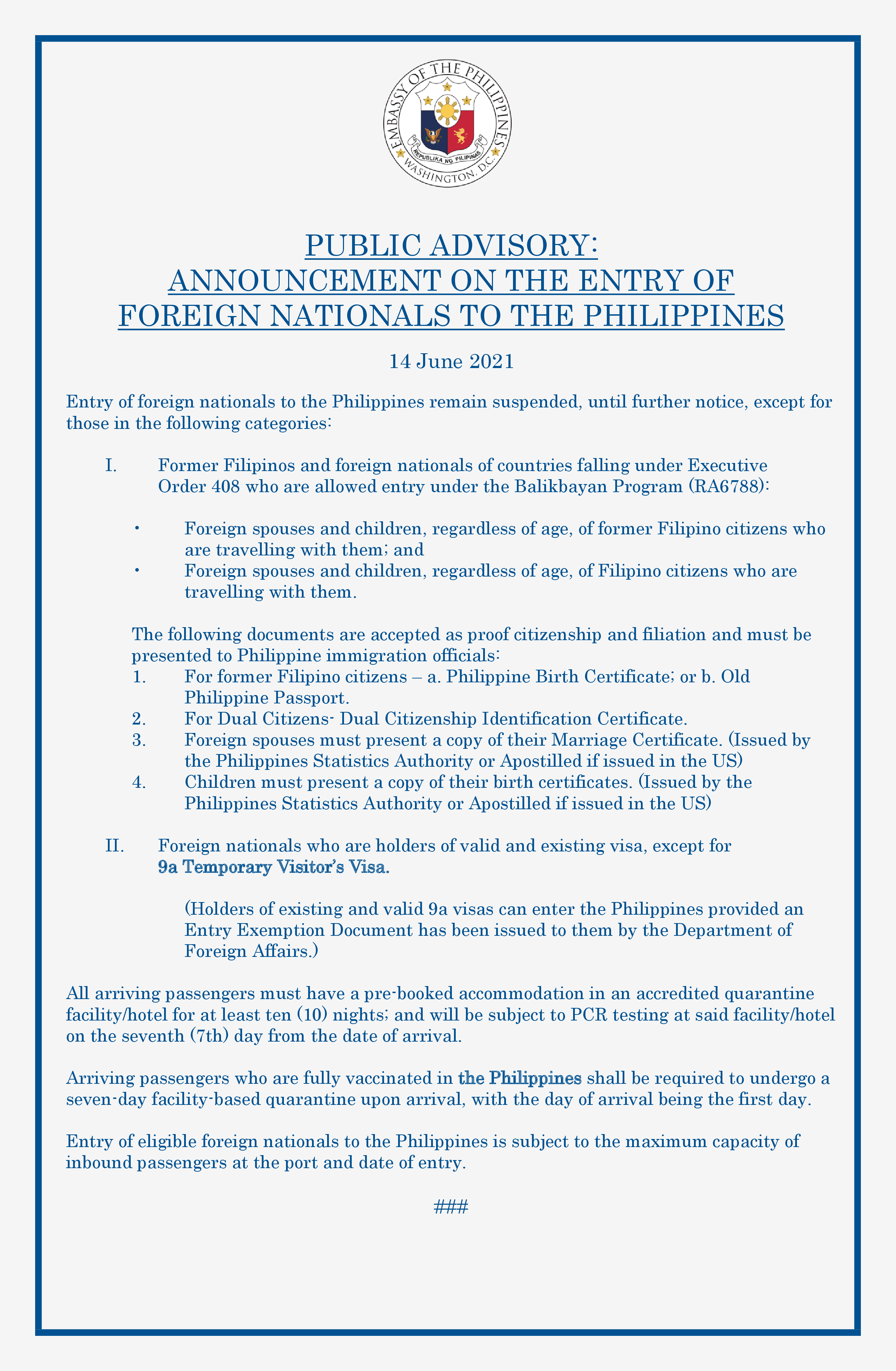 Read more about the article PUBLIC ADVISORY: ANNOUNCEMENT ON THE ENTRY OF FOREIGN NATIONALS TO THE PHILIPPINES