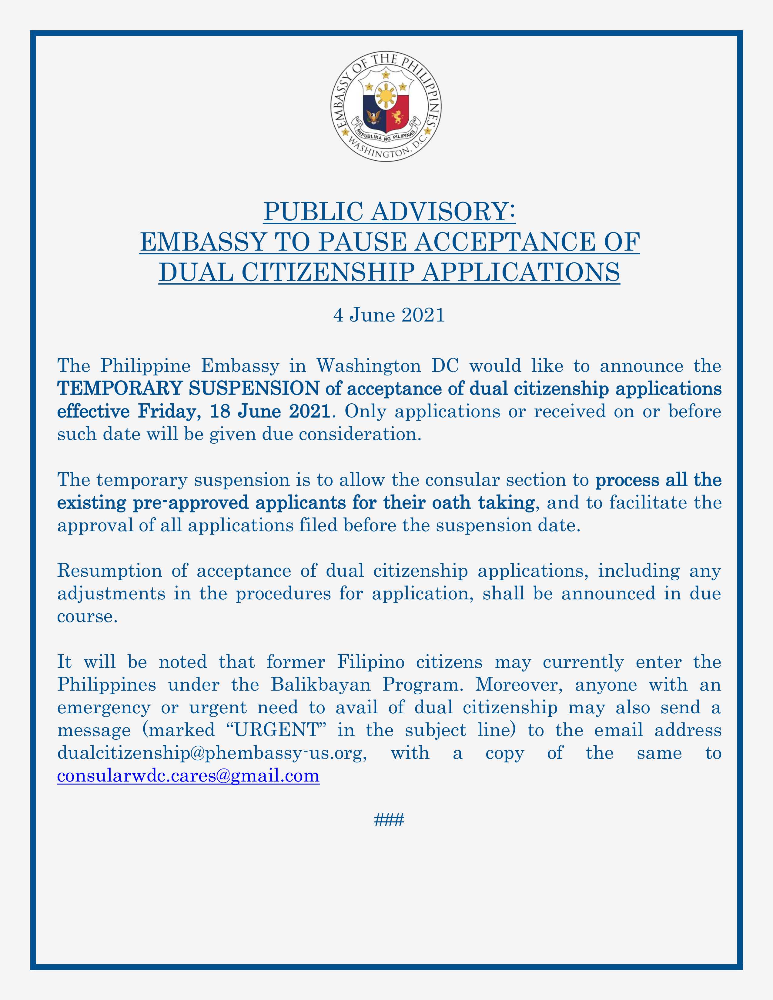 Read more about the article PUBLIC ADVISORY: EMBASSY TO PAUSE ACCEPTANCE OF DUAL CITIZENSHIP APPLICATIONS
