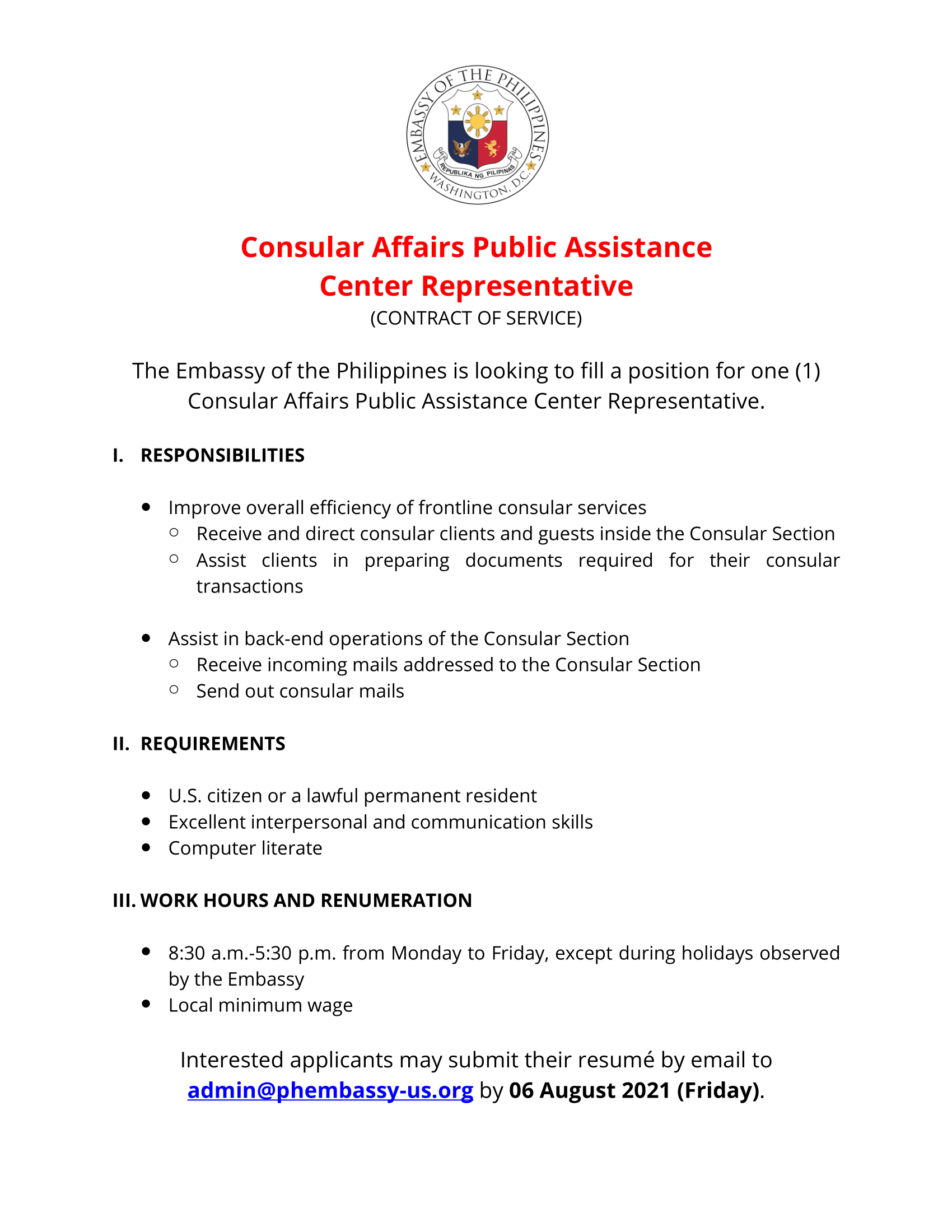 Read more about the article JOB VACANCY: Consular Affairs Public Assistance Center Representative
