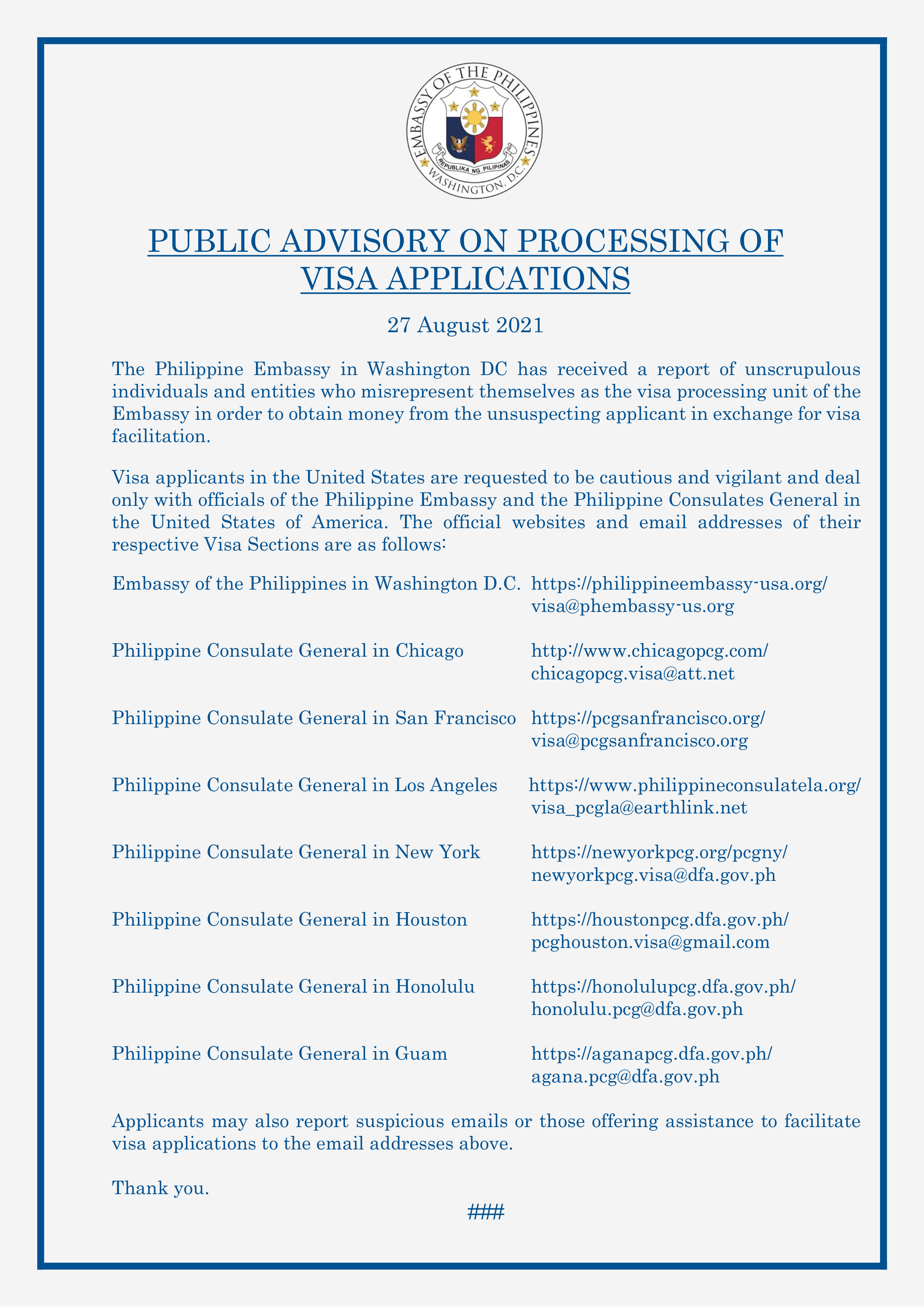 Read more about the article PUBLIC ADVISORY ON PROCESSING OF VISA APPLICATIONS