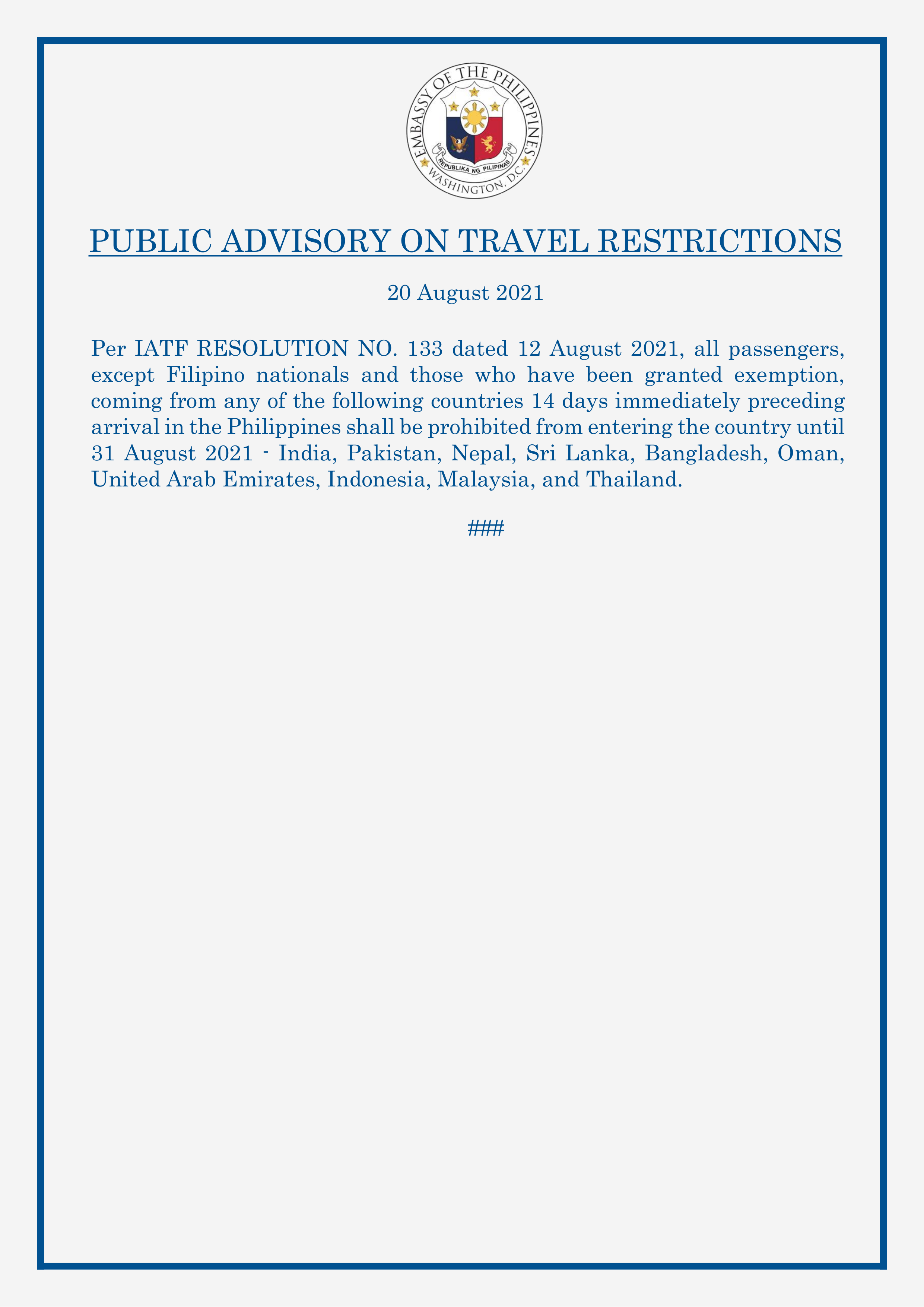 Read more about the article PUBLIC ADVISORY ON TRAVEL RESTRICTIONS AS OF 20 AUGUST 2021