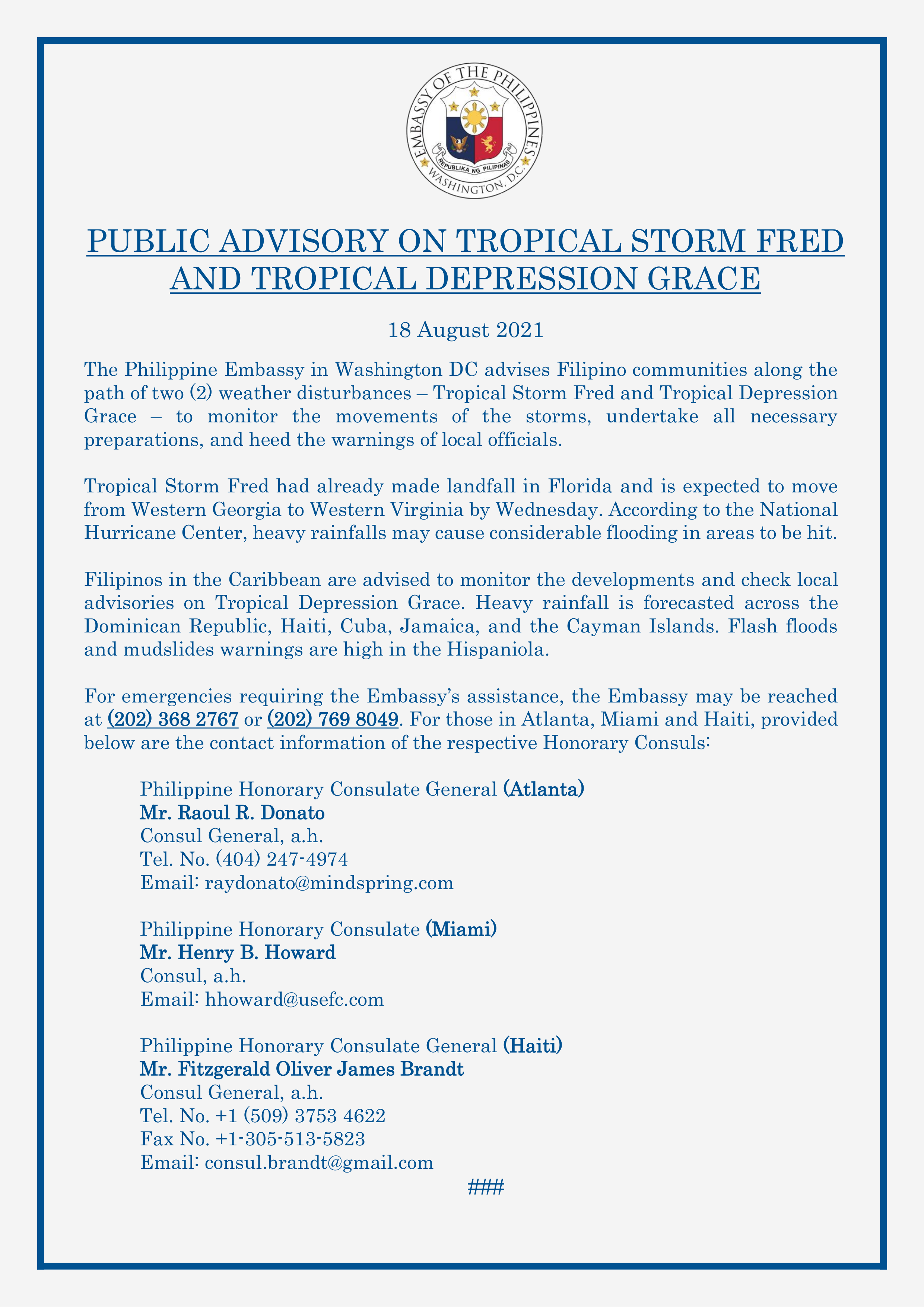 Read more about the article PUBLIC ADVISORY ON TROPICAL STORM FRED AND TROPICAL DEPRESSION GRACE